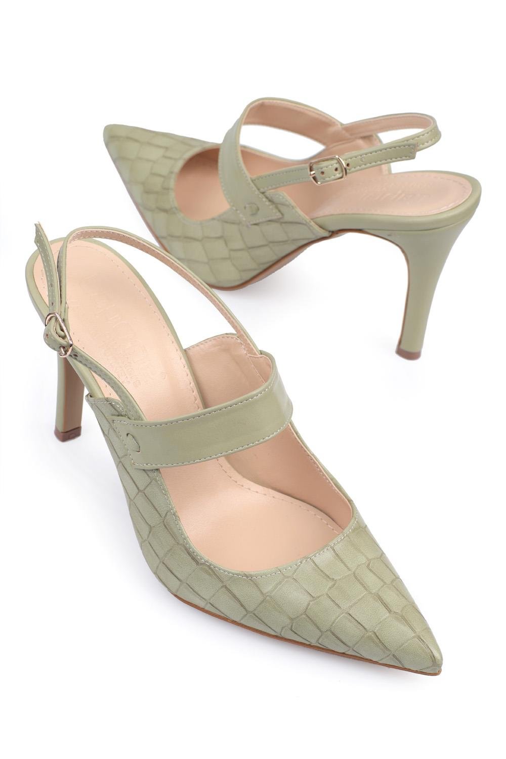 Capone High Heel Pointed Toe Slingback Croco Women Moss Green Shoes