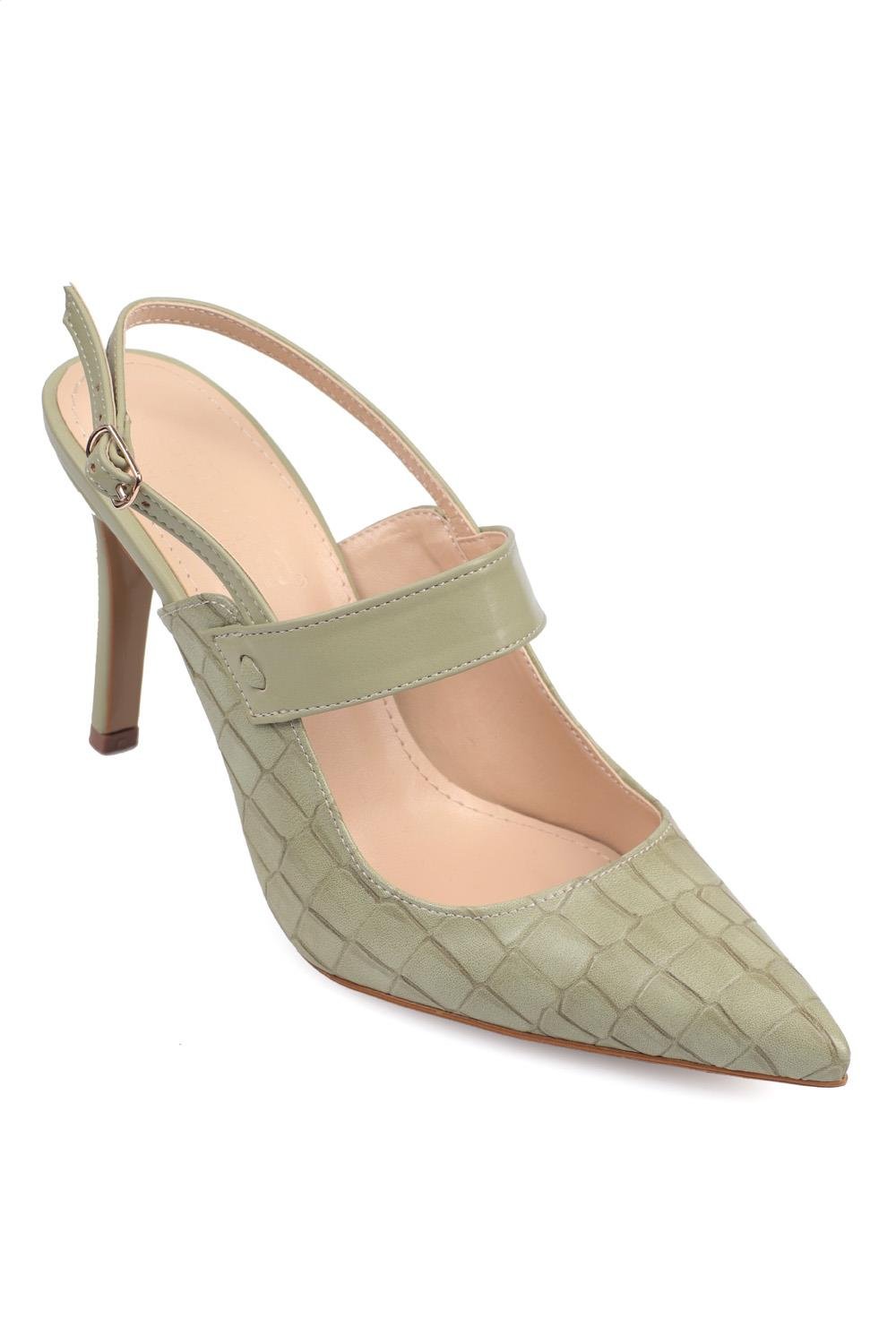Capone High Heel Pointed Toe Slingback Croco Women Moss Green Shoes
