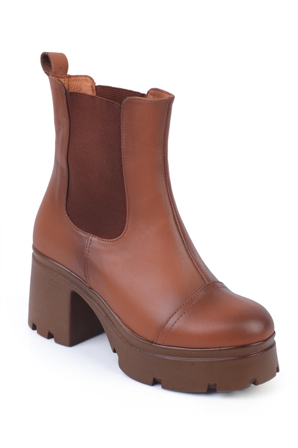 Capone High-Sole Side Elastic Leather Women Tan Boots