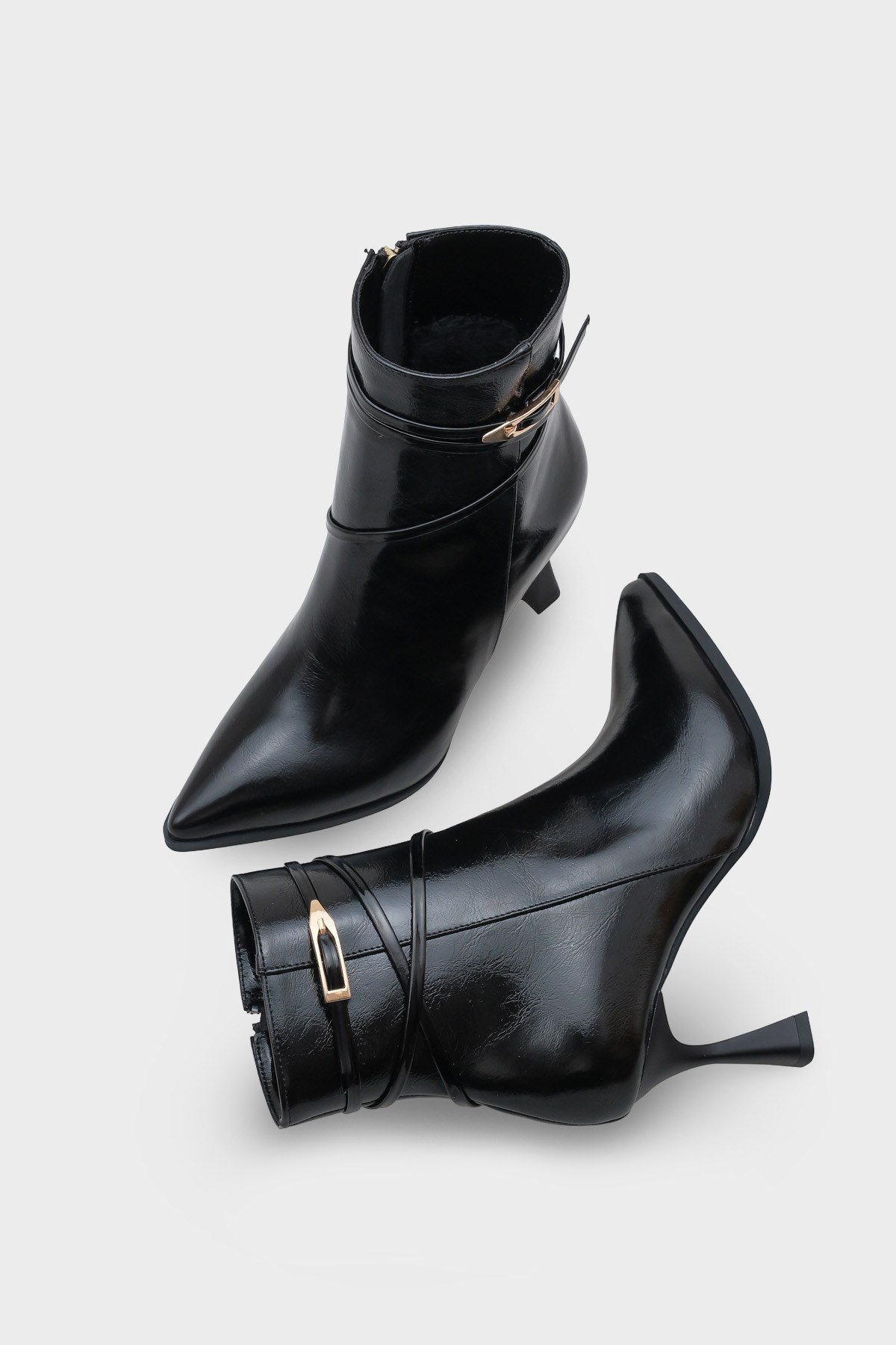 Capone Isabella Buckle Pointed Toe Elegant Heeled Women Black Ankle Boot