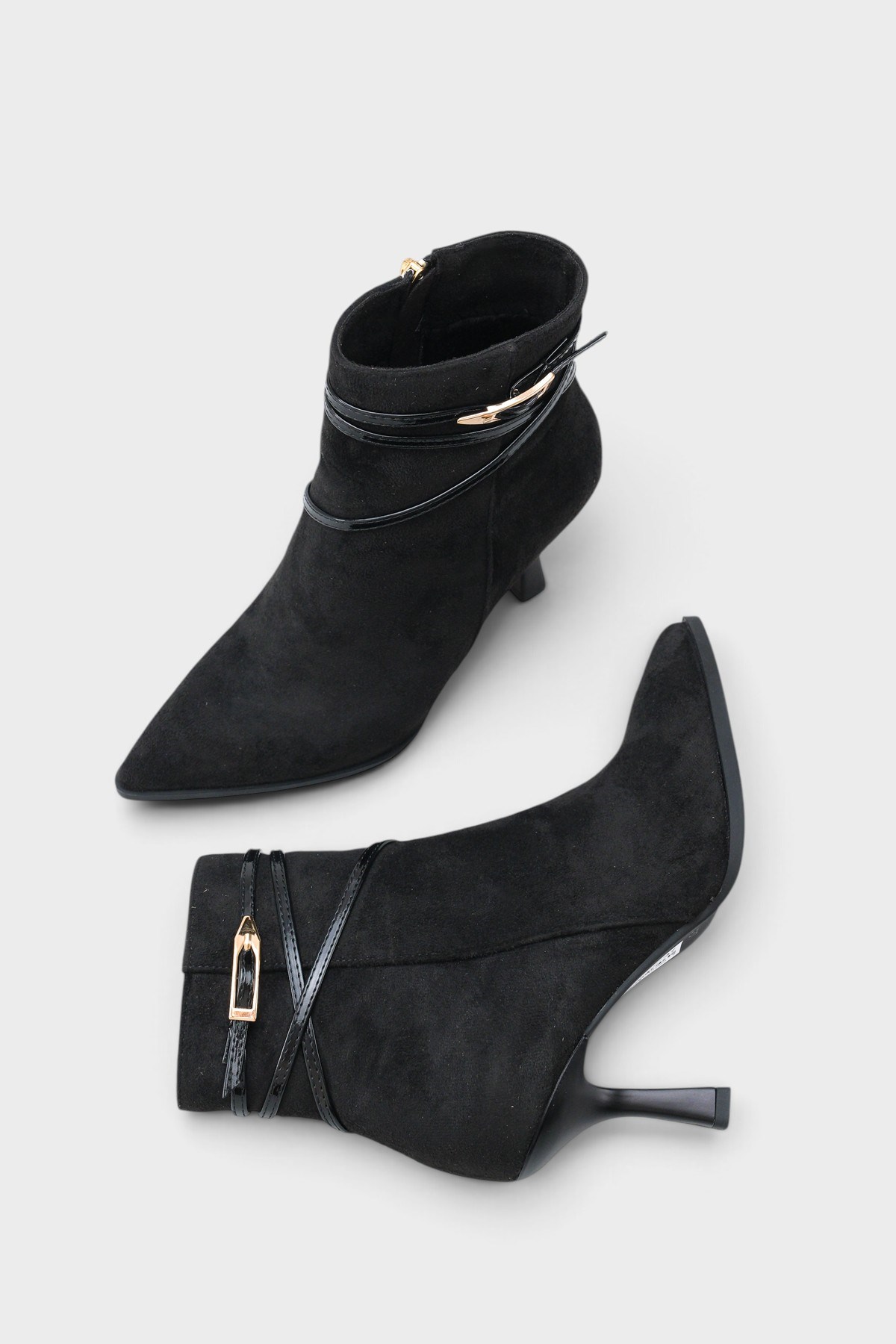 Capone Isabella Buckle Pointed Toe Elegant Heeled Women Sued Black Ankle Boot