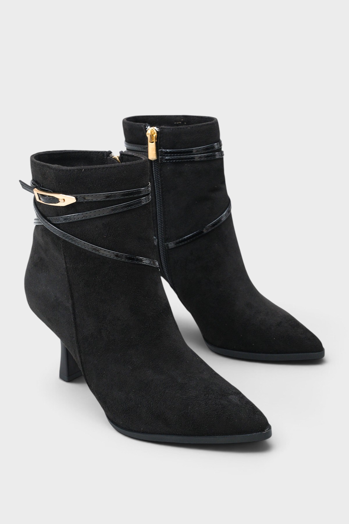 Capone Isabella Buckle Pointed Toe Elegant Heeled Women Sued Black Ankle Boot