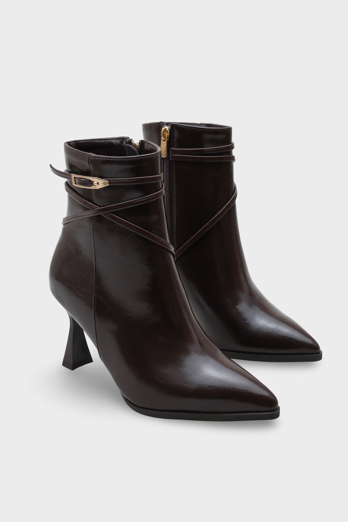 Capone Isabella Buckle Pointed Toe Elegant Heeled Women Brown Ankle Boot