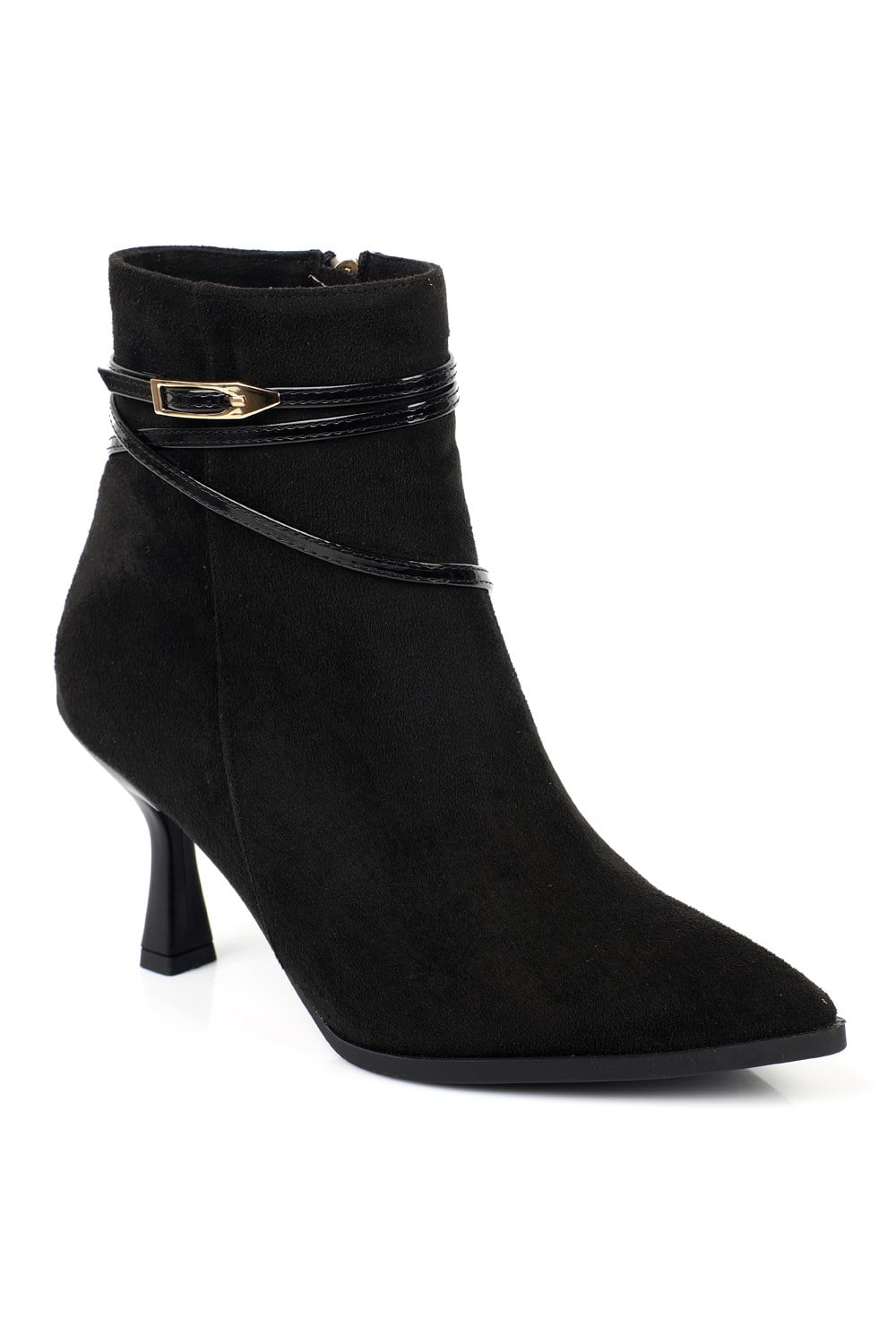 Capone Isabella Buckle Pointed Toe Elegant Heeled Women Sued Black Ankle Boot