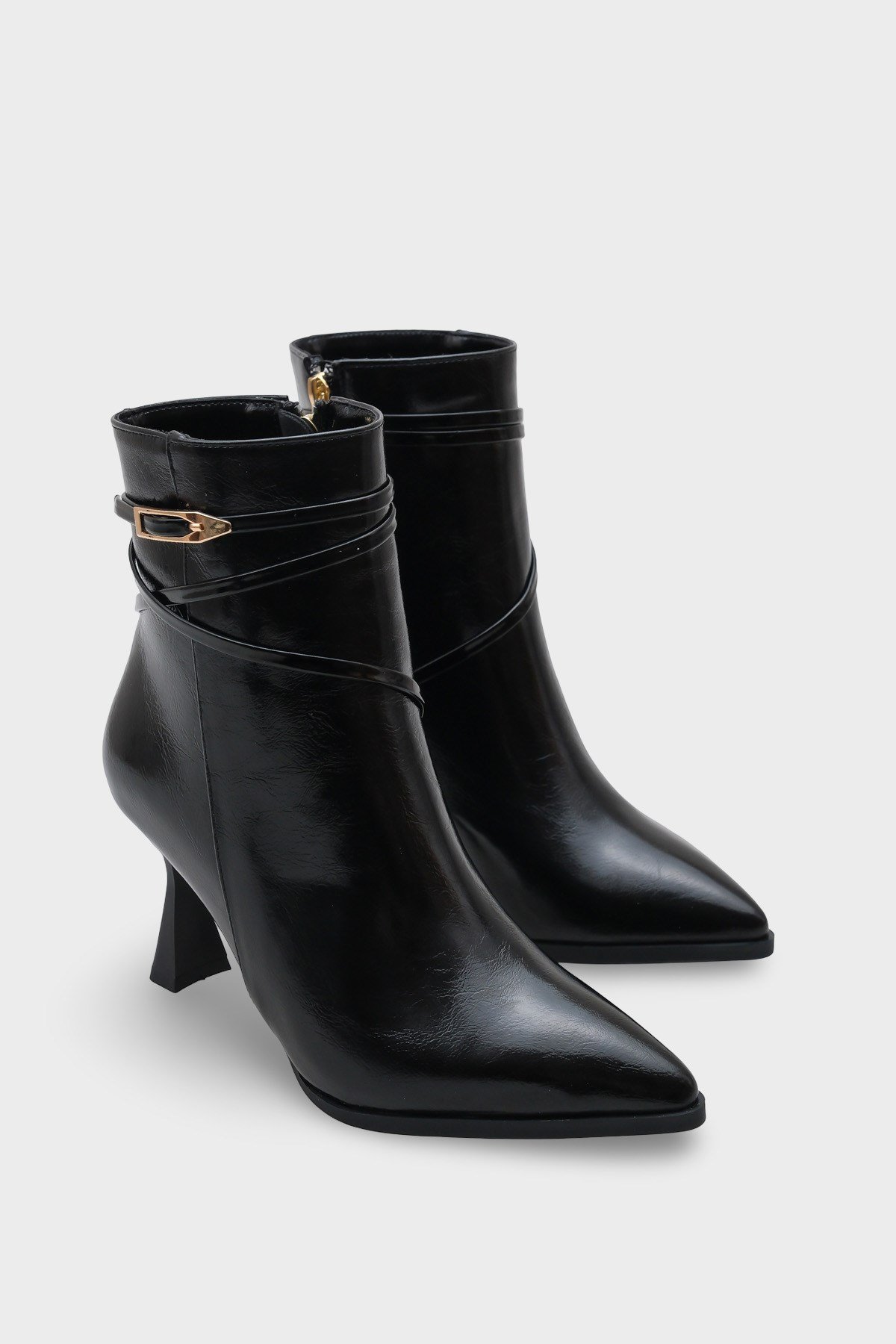 Capone Isabella Buckle Pointed Toe Elegant Heeled Women Black Ankle Boot