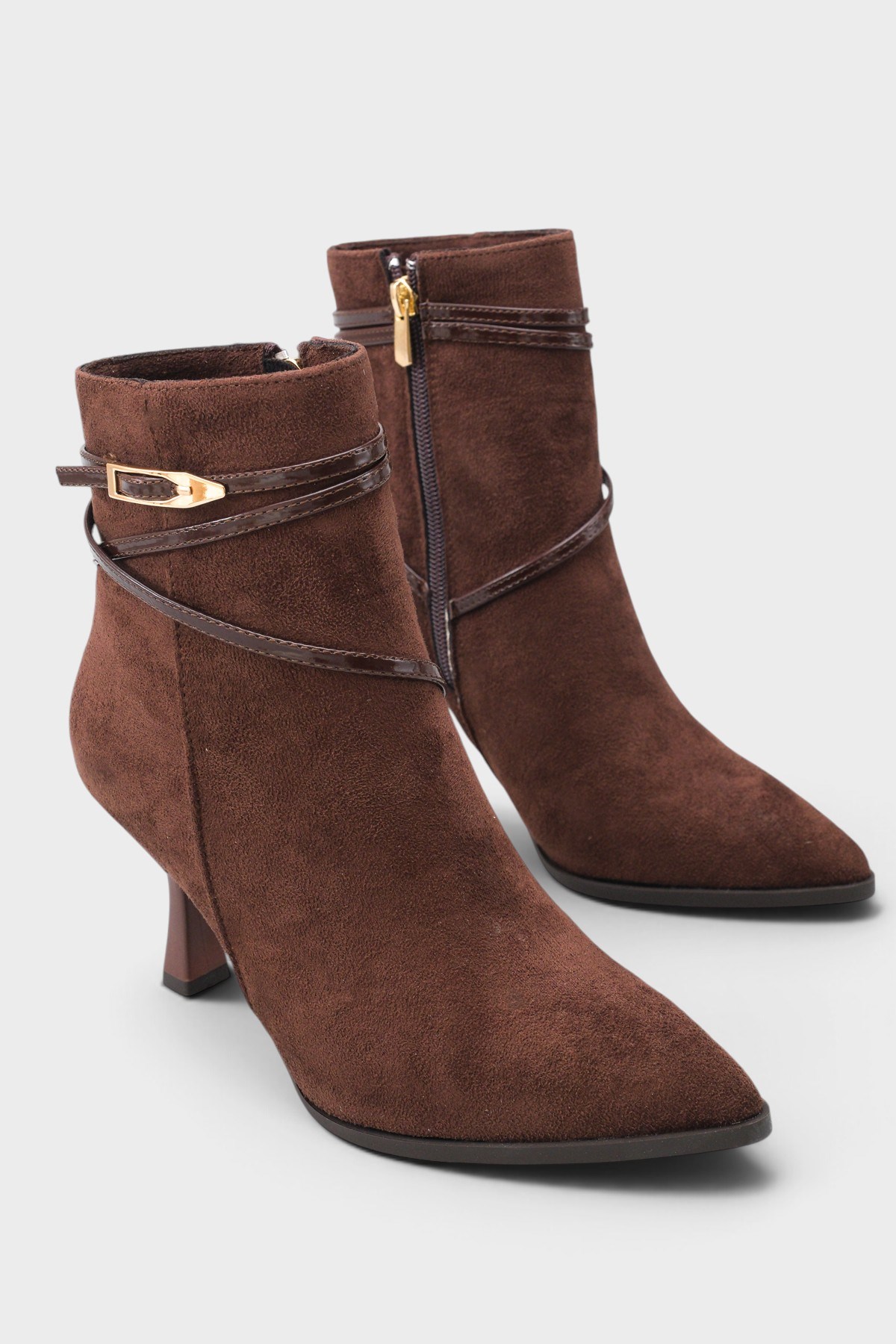 Capone Isabella Buckle Pointed Toe Elegant Heeled Women Sued Brown Ankle Boot