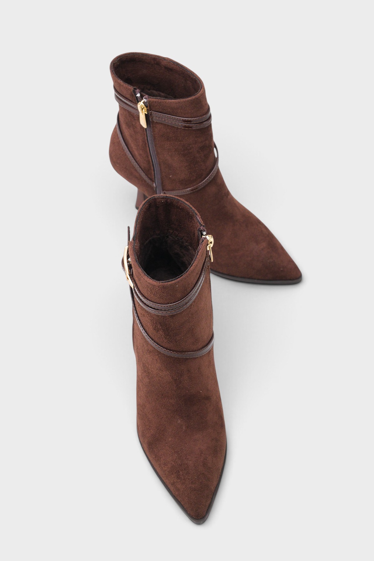 Capone Isabella Buckle Pointed Toe Elegant Heeled Women Sued Brown Ankle Boot