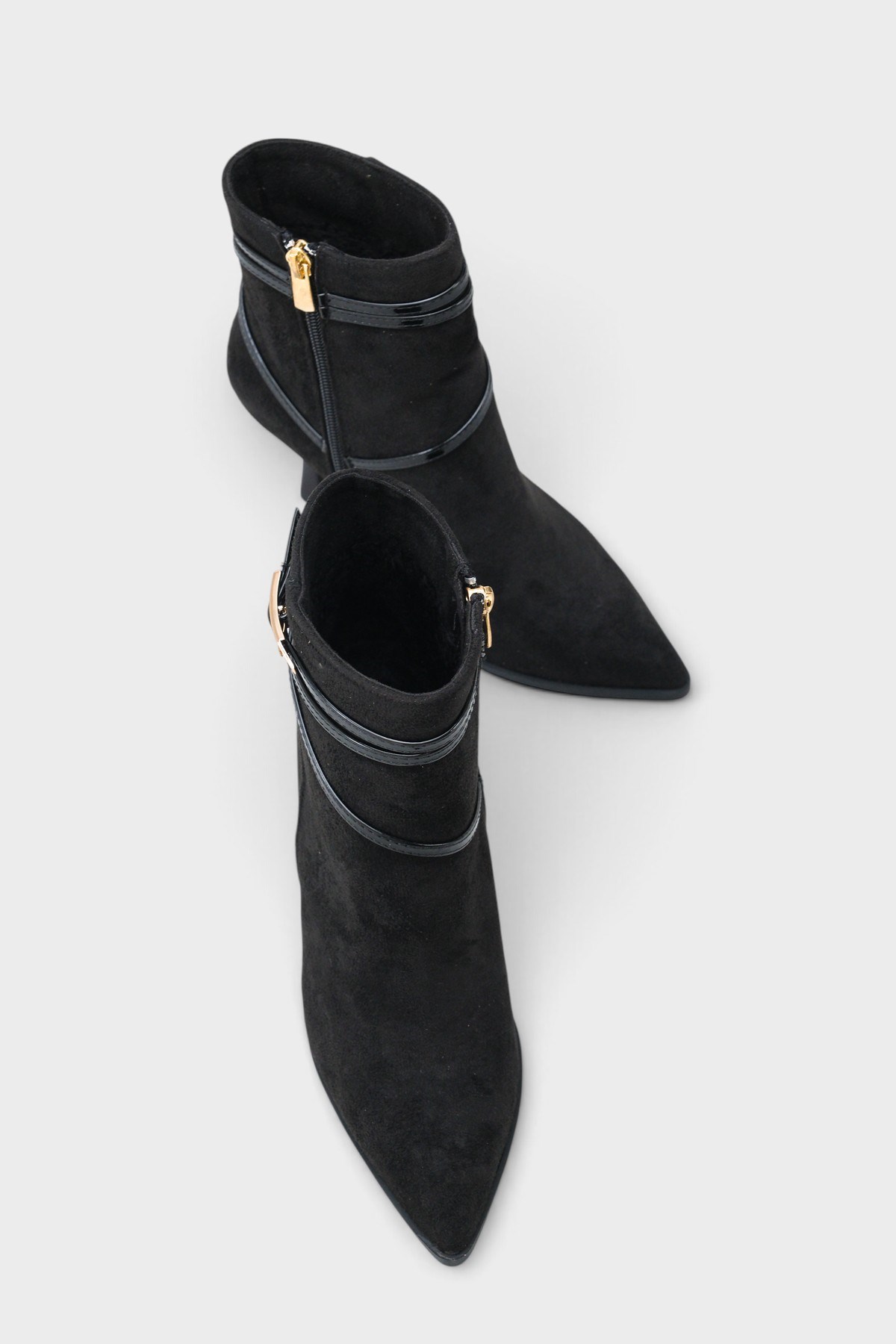 Capone Isabella Buckle Pointed Toe Elegant Heeled Women Sued Black Ankle Boot