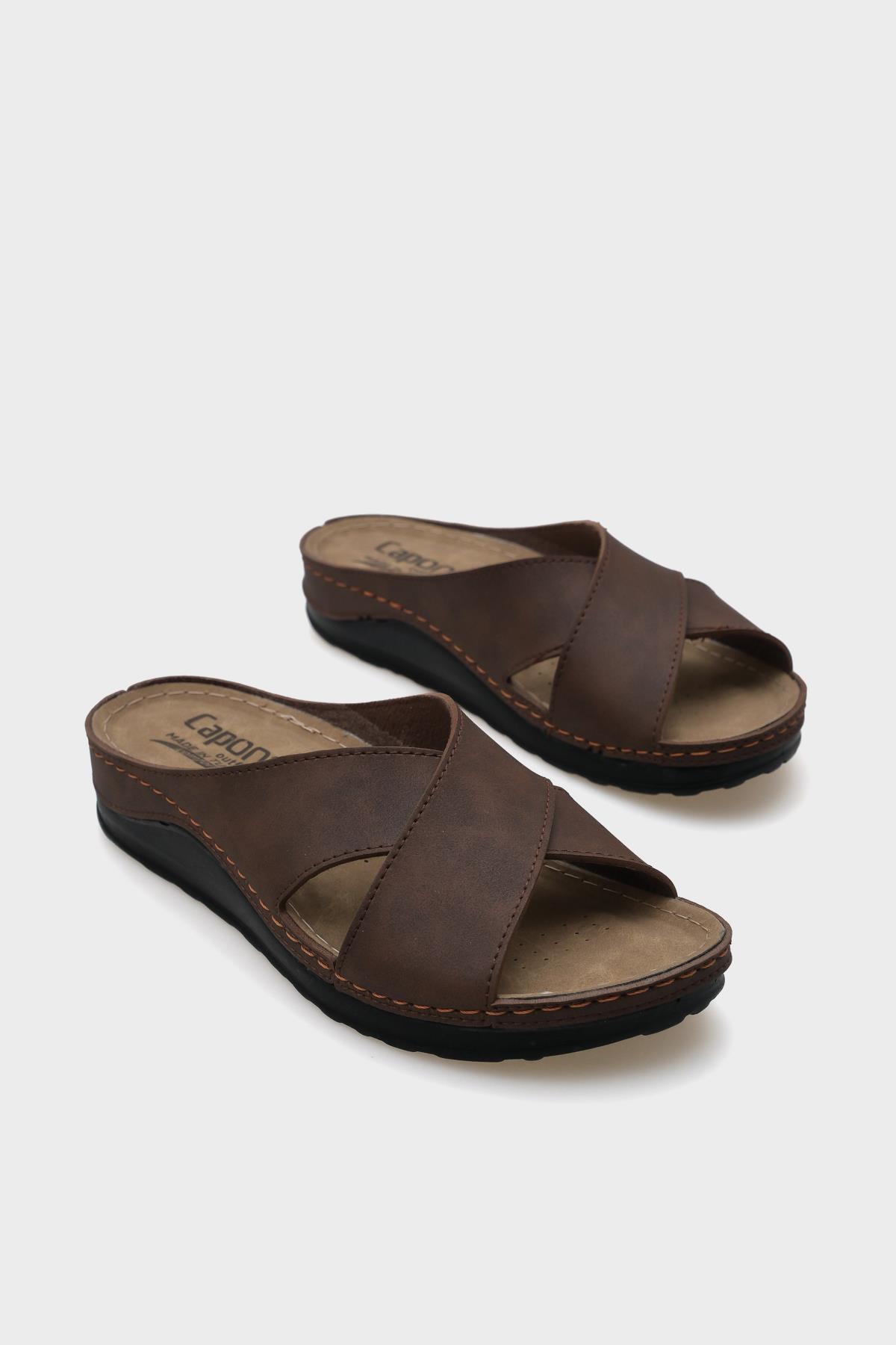 Capone Ivory 107001 Women Brown Cross Band Slide Comfort Anatomical Sandals