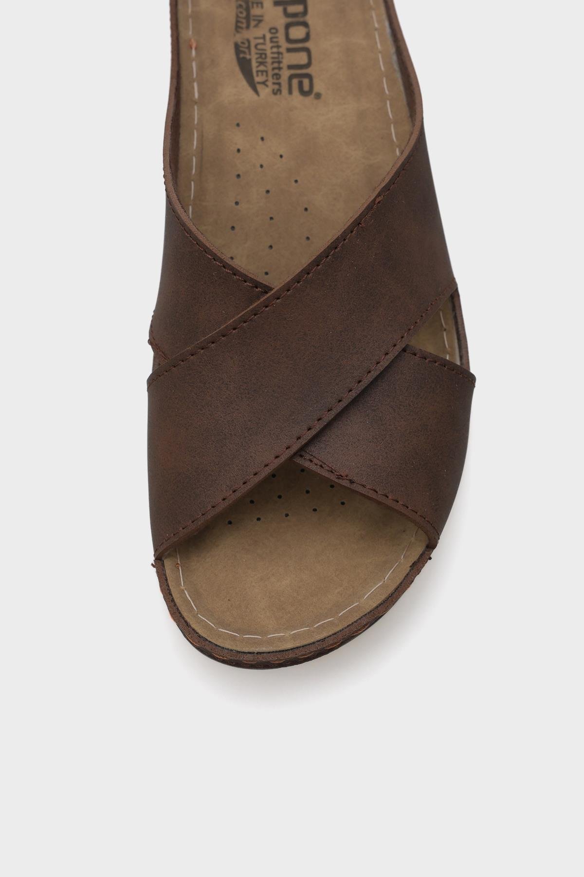 Capone Ivory 107001 Women Brown Cross Band Slide Comfort Anatomical Sandals