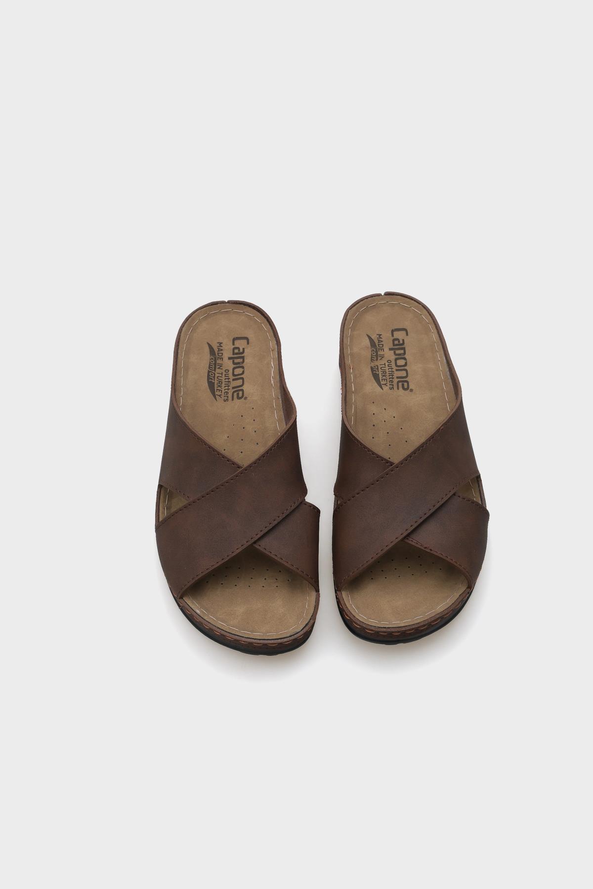 Capone Ivory 107001 Women Brown Cross Band Slide Comfort Anatomical Sandals