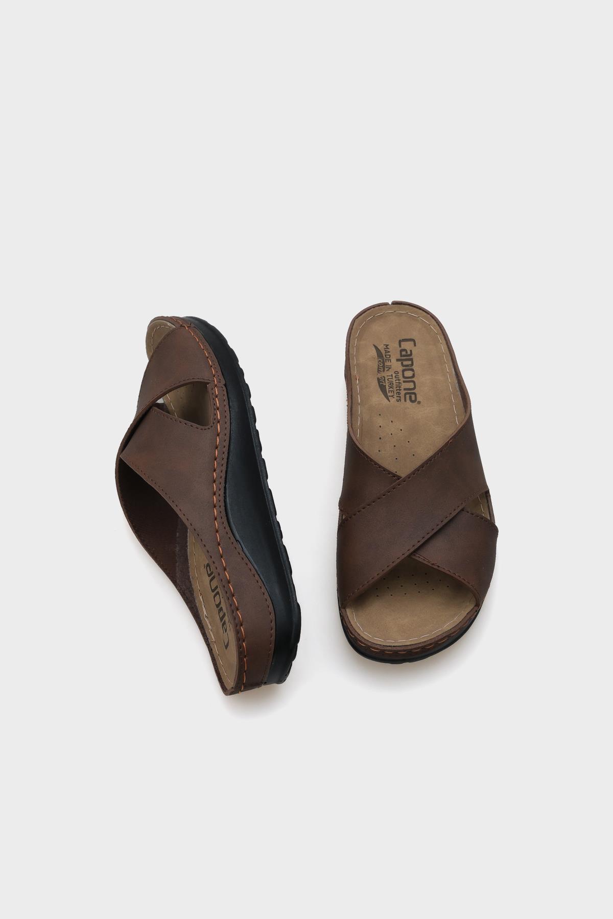 Capone Ivory 107001 Women Brown Cross Band Slide Comfort Anatomical Sandals