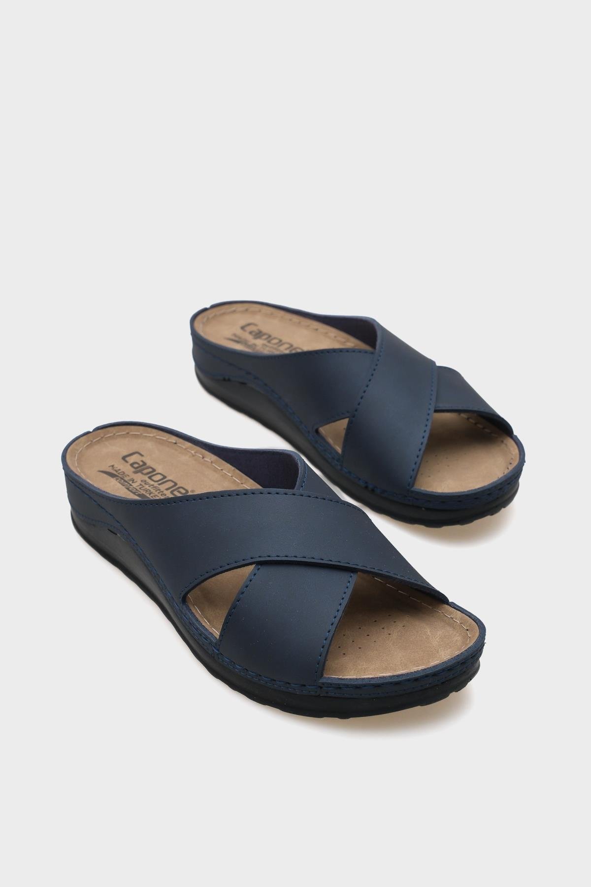 Capone Ivory 107001 Women Navy Cross Band Slide Comfort Anatomical Sandals