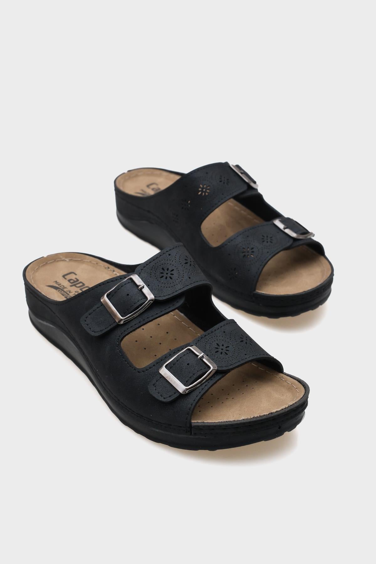 Capone Jaclin 107009 Women Black Double Starps Slide Comfort Anatomical Sandals