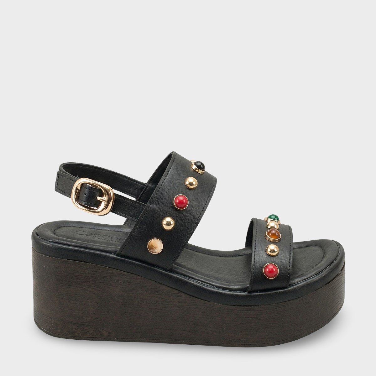 Capone Jennie Wedge Heel Colorful Crystal Embellished Double Band Women Black Sandal