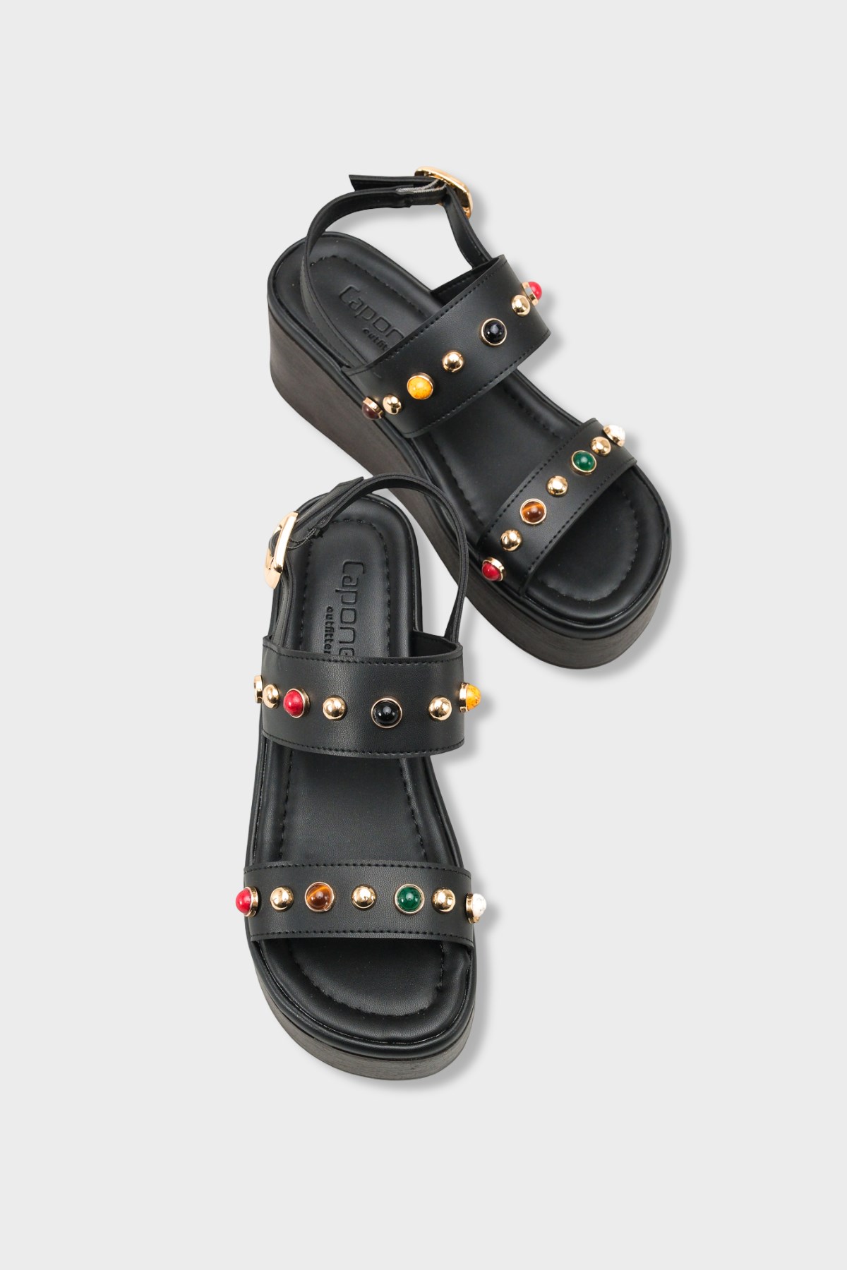 Capone Jennie Wedge Heel Colorful Crystal Embellished Double Band Women Black Sandal