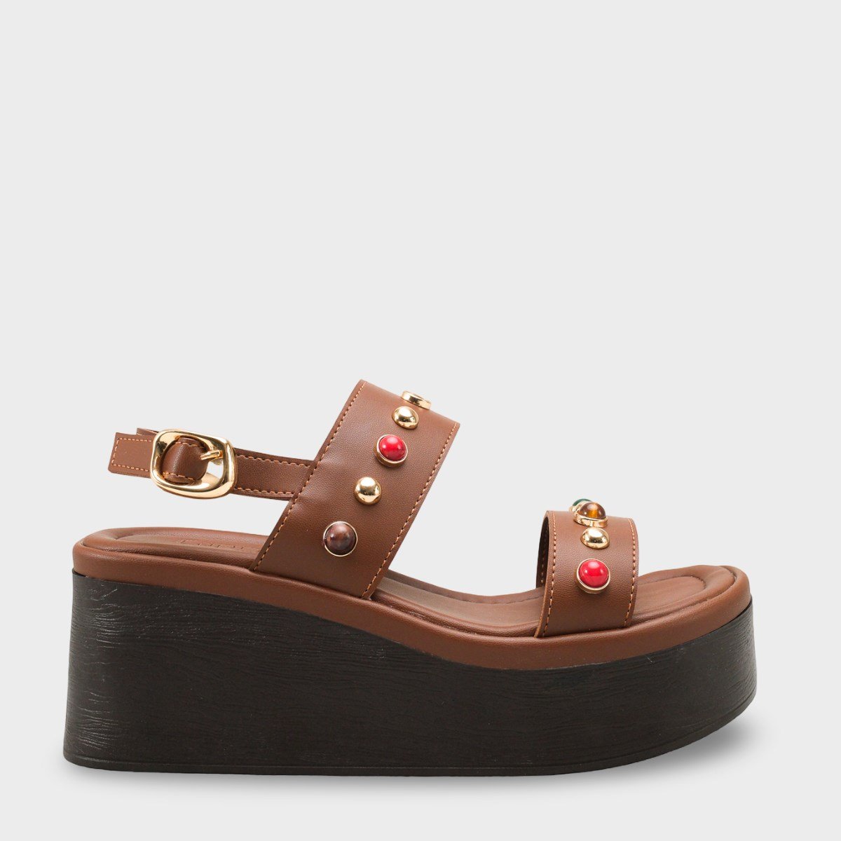 Capone Jennie Wedge Heel Colorful Crystal Embellished Double Band Women Brown Sandal