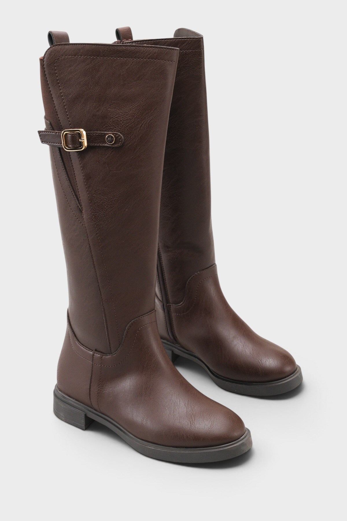 Capone Jessika Round Toe Elastic Shaft Buckle Women Brown Riding Boot