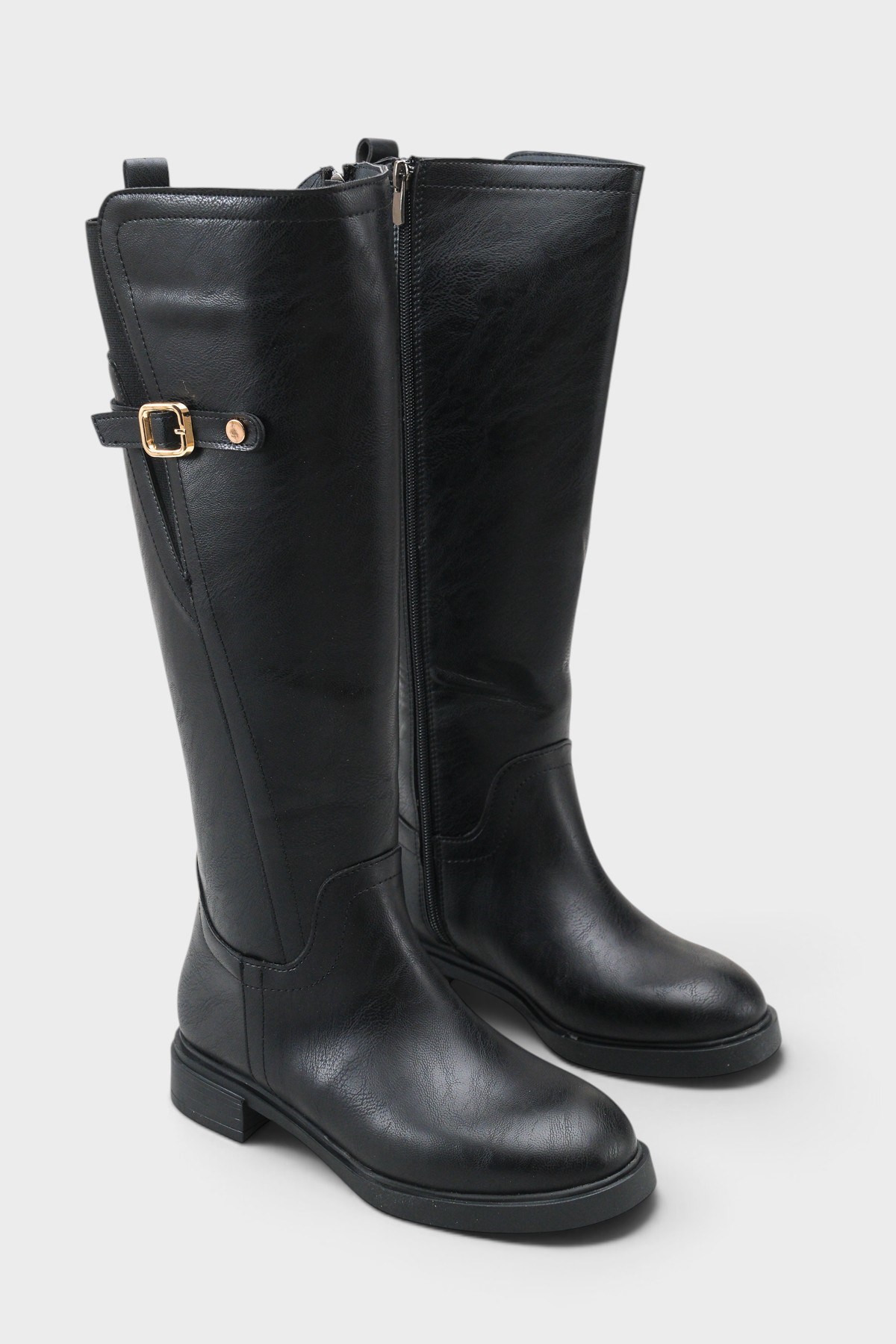 Capone Jessika Round Toe Elastic Shaft Buckle Women Black Riding Boot