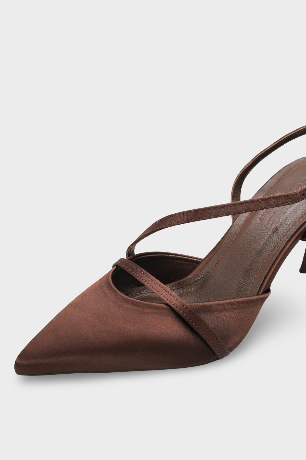 Capone Jodee Genuine Leather Lined Pointed Toe Mid Heel Satin Open Back Women Satin Brown Shoe