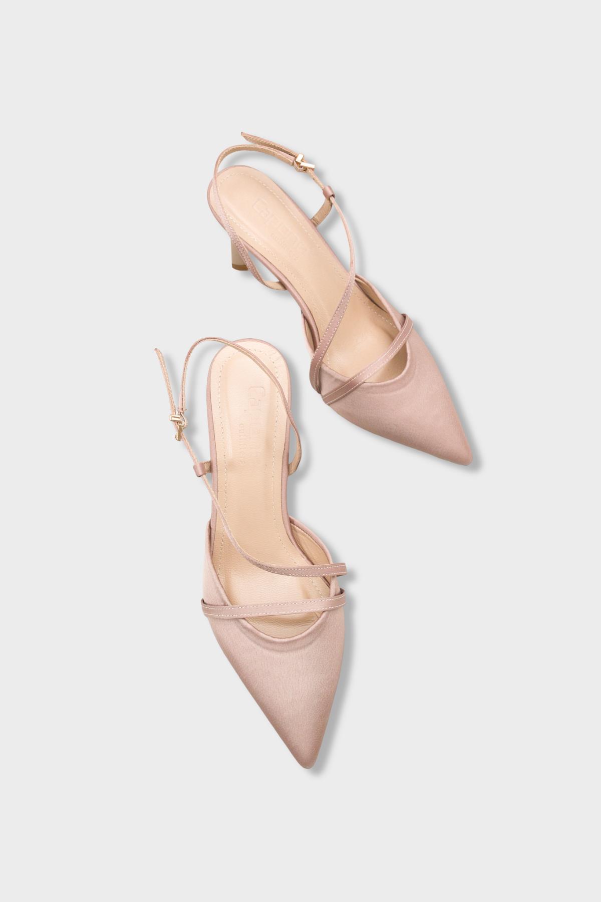 Capone Jodee Genuine Leather Lined Pointed Toe Mid Heel Satin Open Back Women Satin Mink Shoe
