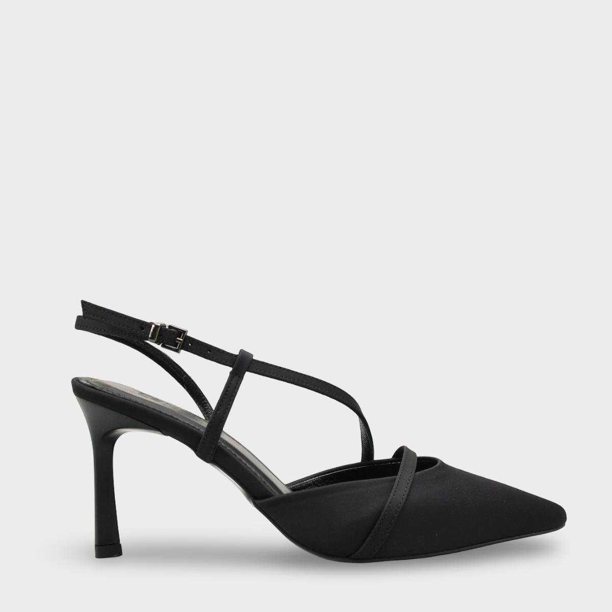 Capone Jodee Genuine Leather Lined Pointed Toe Mid Heel Satin Open Back Women Satin Black Shoe