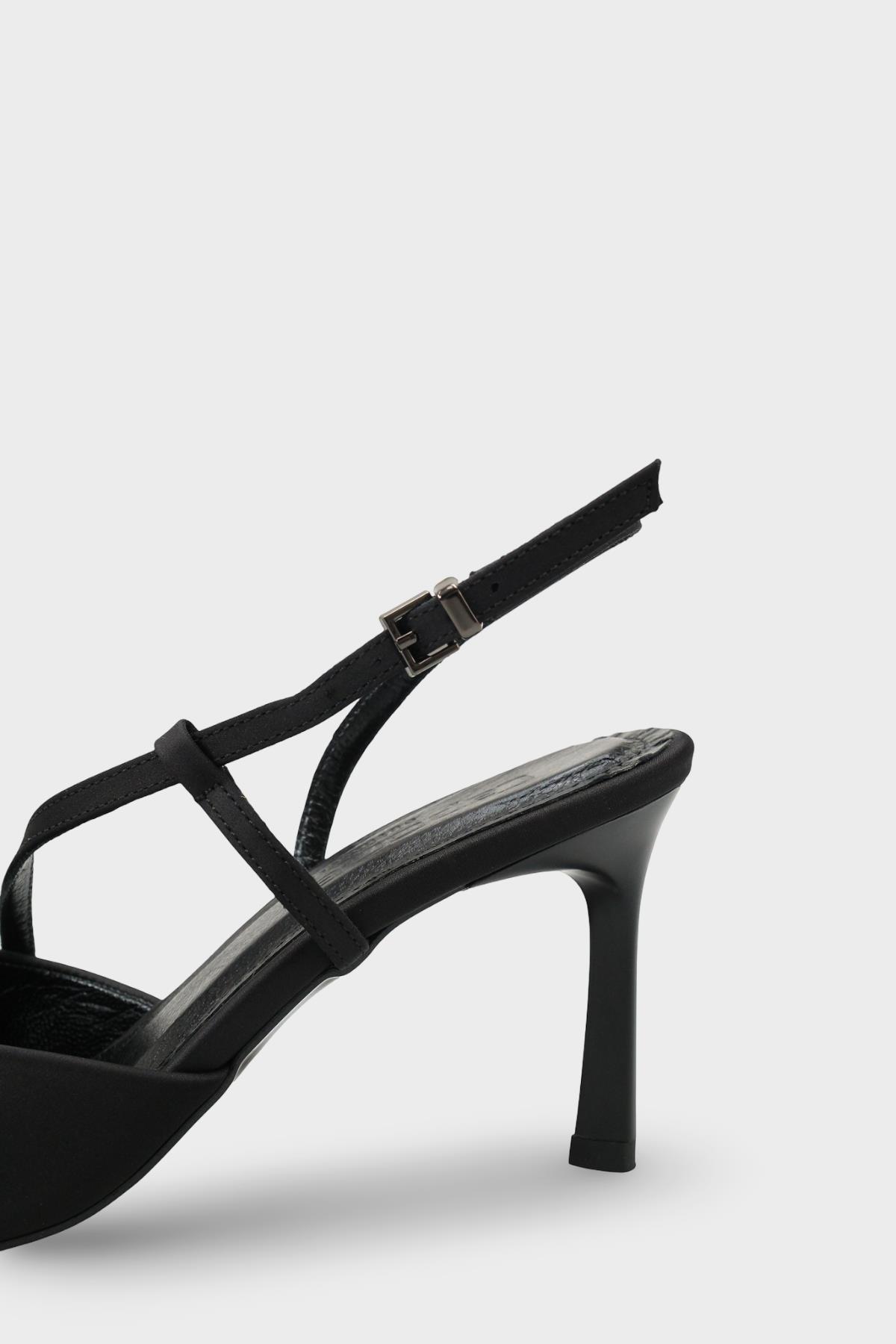 Capone Jodee Genuine Leather Lined Pointed Toe Mid Heel Satin Open Back Women Satin Black Shoe