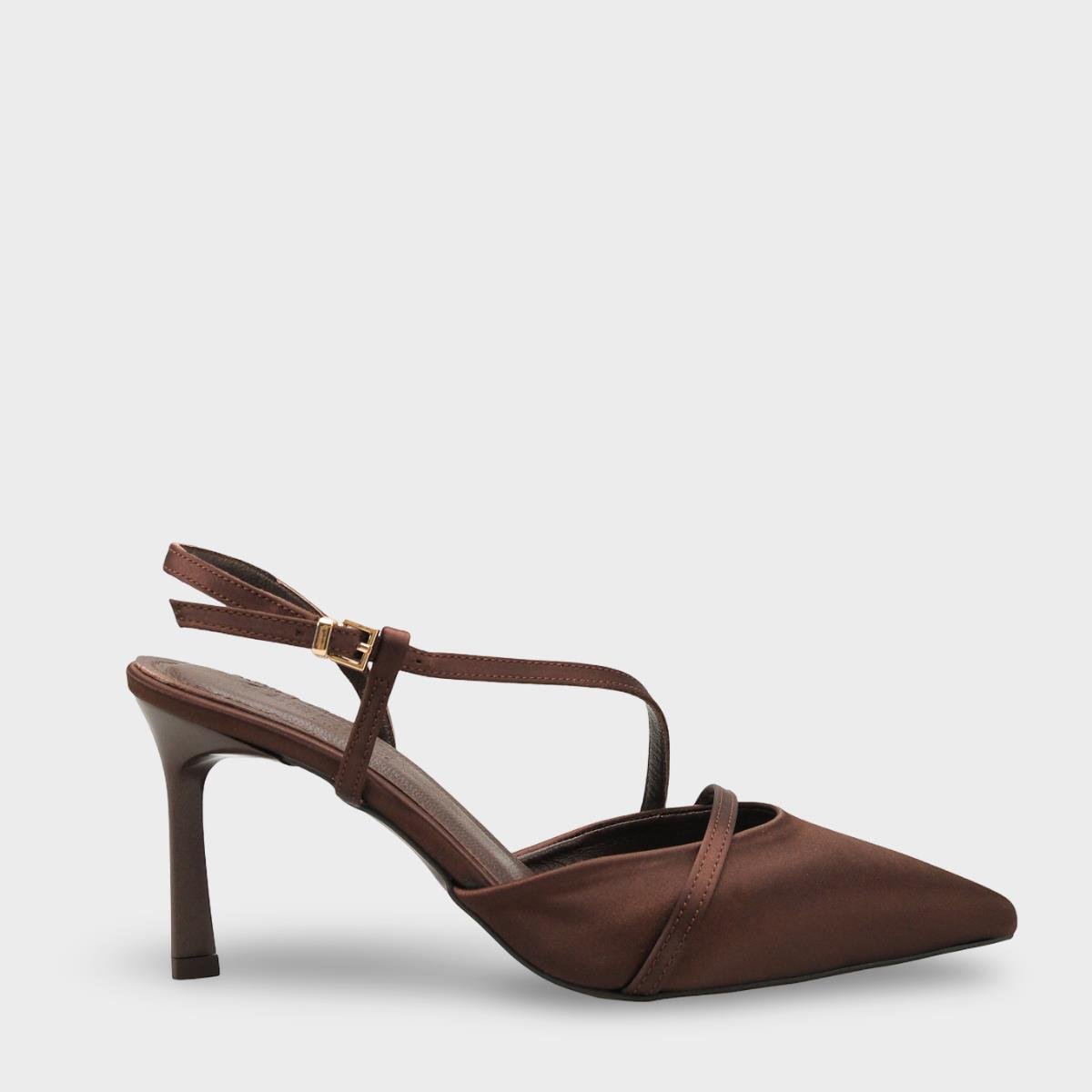 Capone Jodee Genuine Leather Lined Pointed Toe Mid Heel Satin Open Back Women Satin Brown Shoe