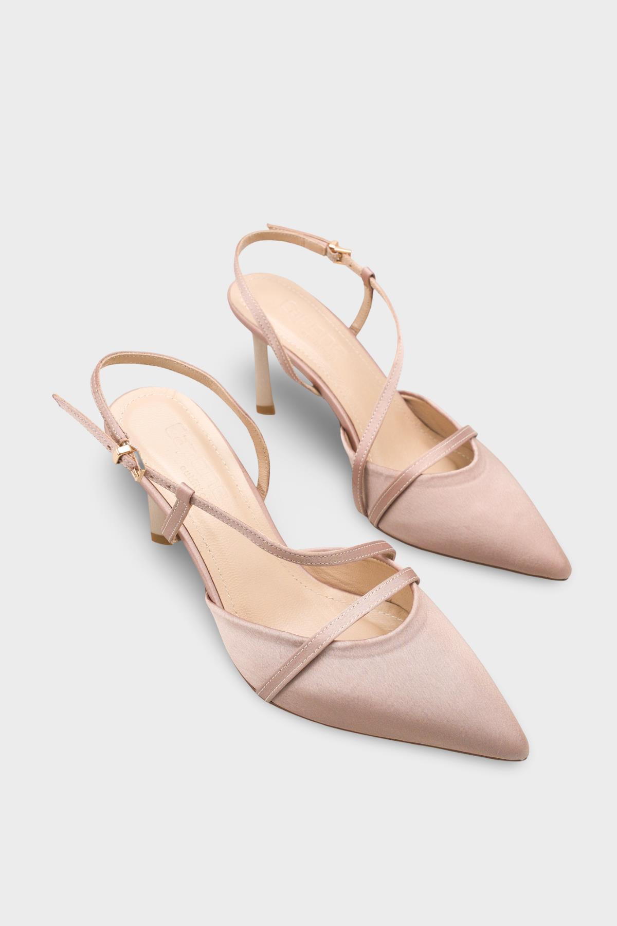 Capone Jodee Genuine Leather Lined Pointed Toe Mid Heel Satin Open Back Women Satin Mink Shoe