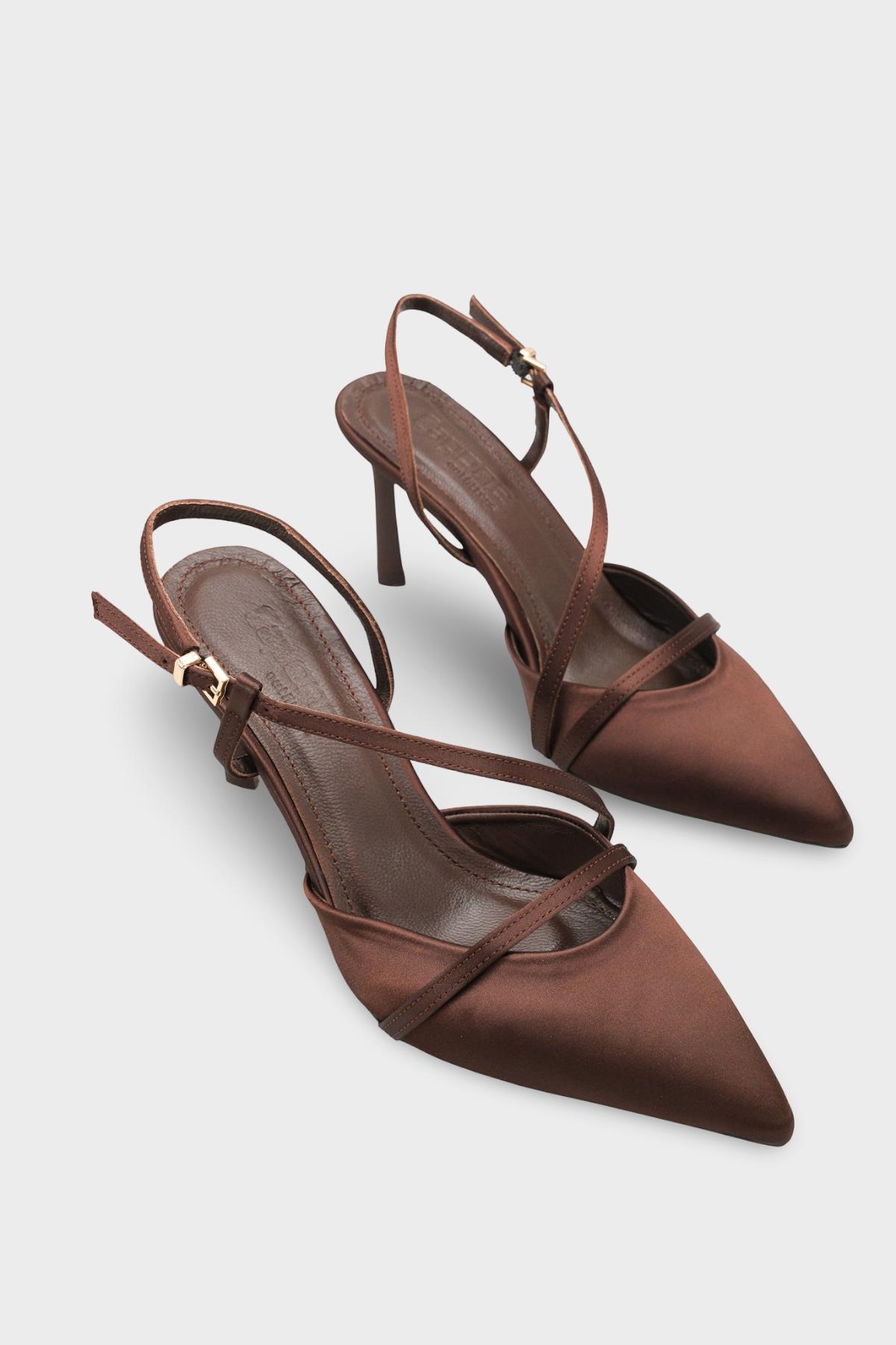 Capone Jodee Genuine Leather Lined Pointed Toe Mid Heel Satin Open Back Women Satin Brown Shoe