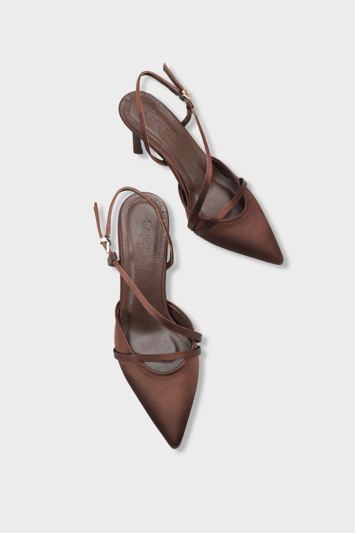 Capone Jodee Genuine Leather Lined Pointed Toe Mid Heel Satin Open Back Women Satin Brown Shoe