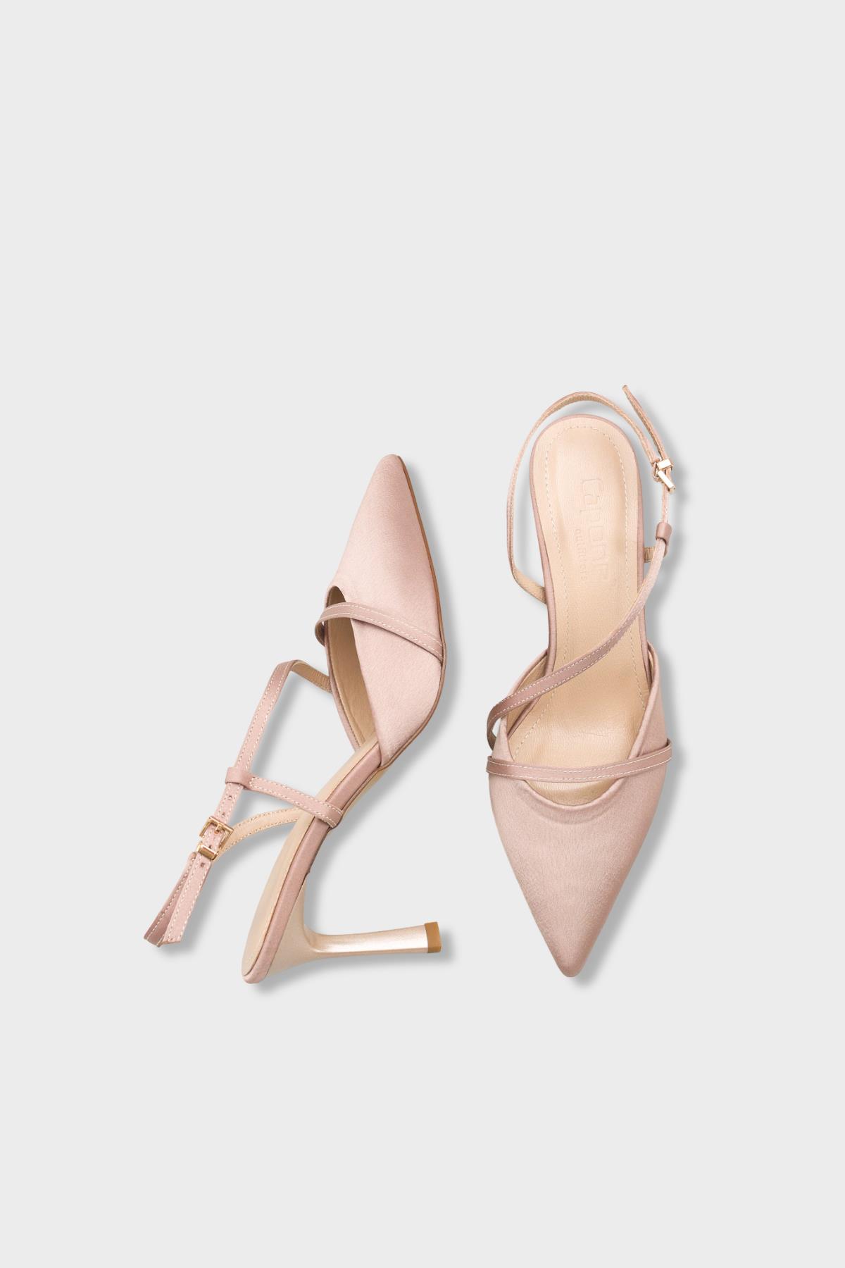 Capone Jodee Genuine Leather Lined Pointed Toe Mid Heel Satin Open Back Women Satin Mink Shoe