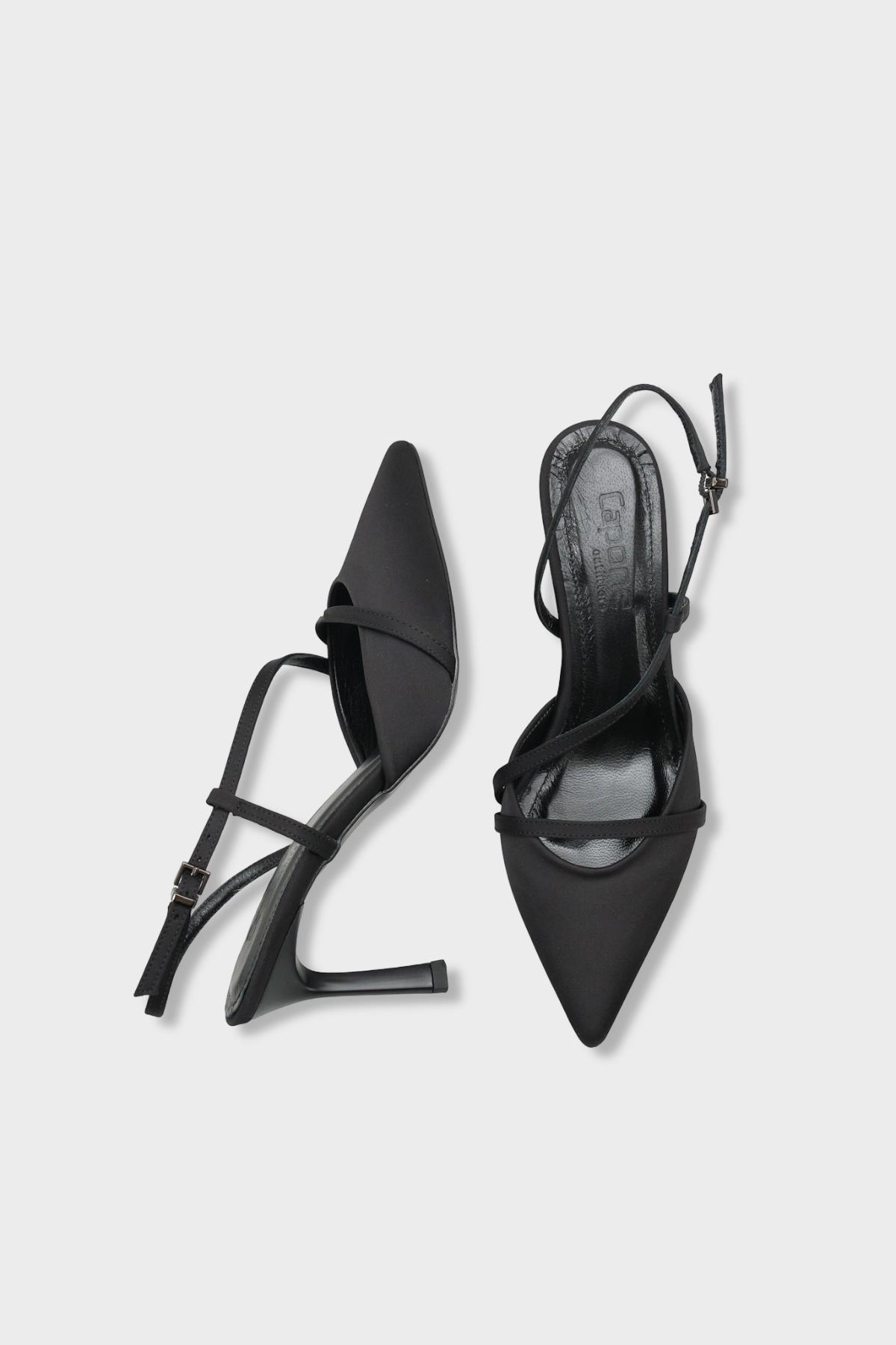 Capone Jodee Genuine Leather Lined Pointed Toe Mid Heel Satin Open Back Women Satin Black Shoe