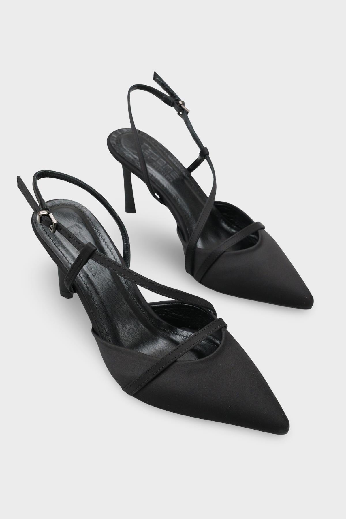 Capone Jodee Genuine Leather Lined Pointed Toe Mid Heel Satin Open Back Women Satin Black Shoe