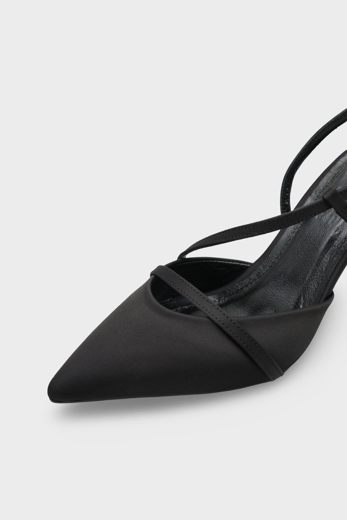 Capone Jodee Genuine Leather Lined Pointed Toe Mid Heel Satin Open Back Women Satin Black Shoe