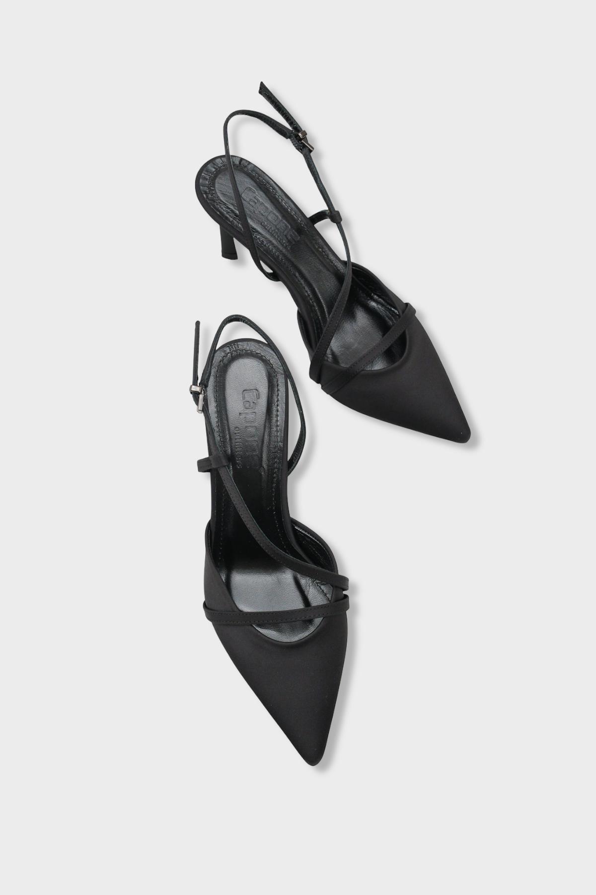 Capone Jodee Genuine Leather Lined Pointed Toe Mid Heel Satin Open Back Women Satin Black Shoe