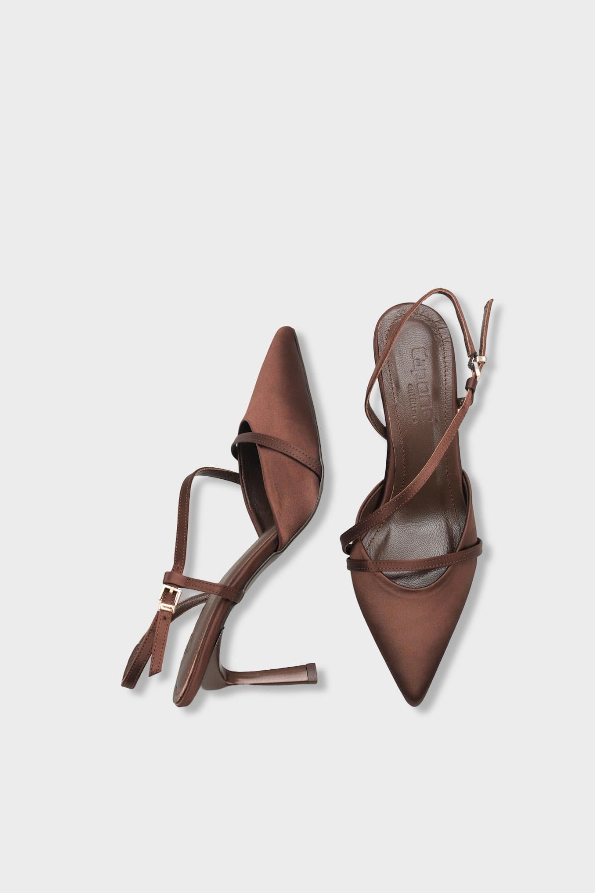 Capone Jodee Genuine Leather Lined Pointed Toe Mid Heel Satin Open Back Women Satin Brown Shoe