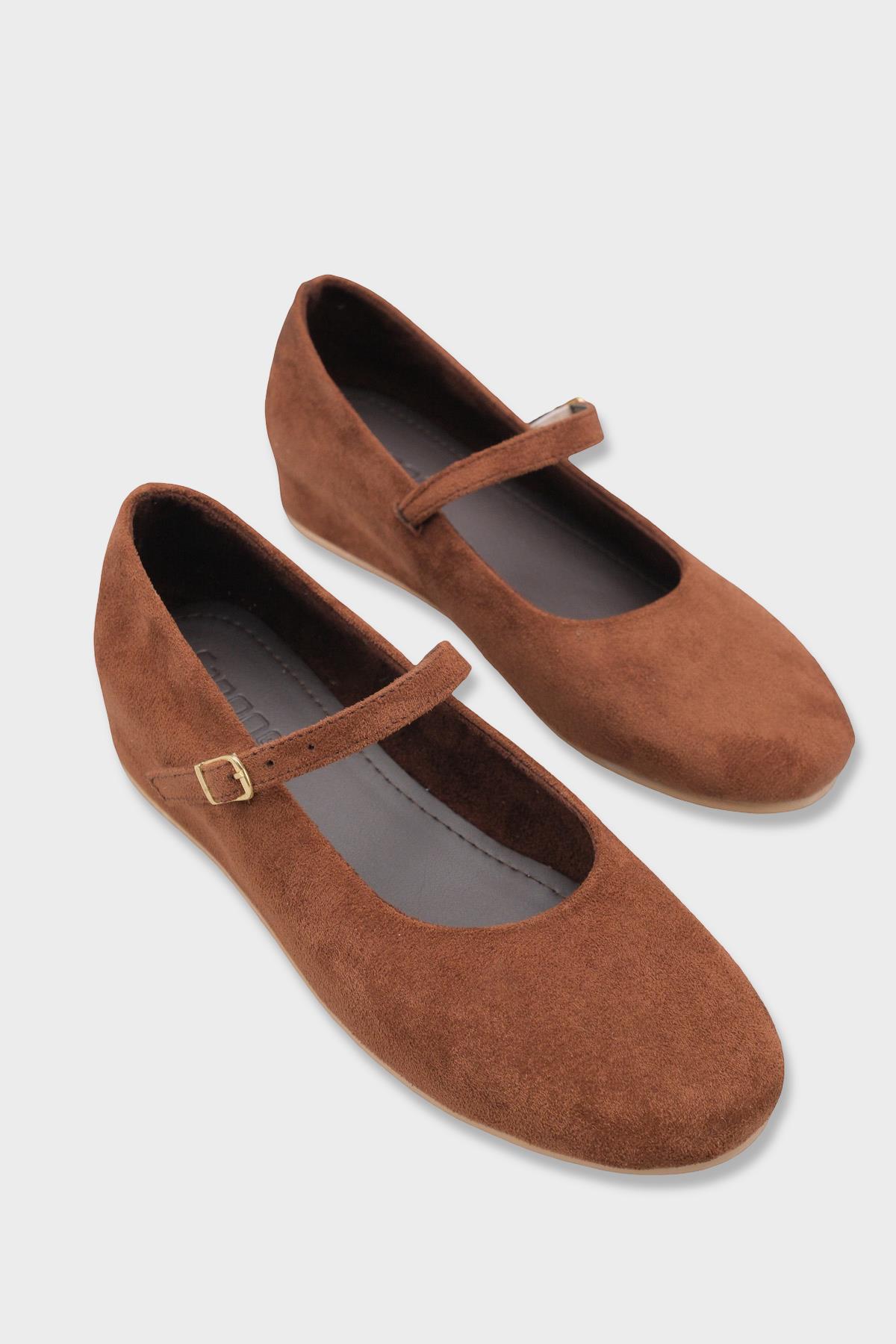 Capone Joell  Suede Look Hidden Wedge Metal Buckle Women Sued Brown Ballet Flat