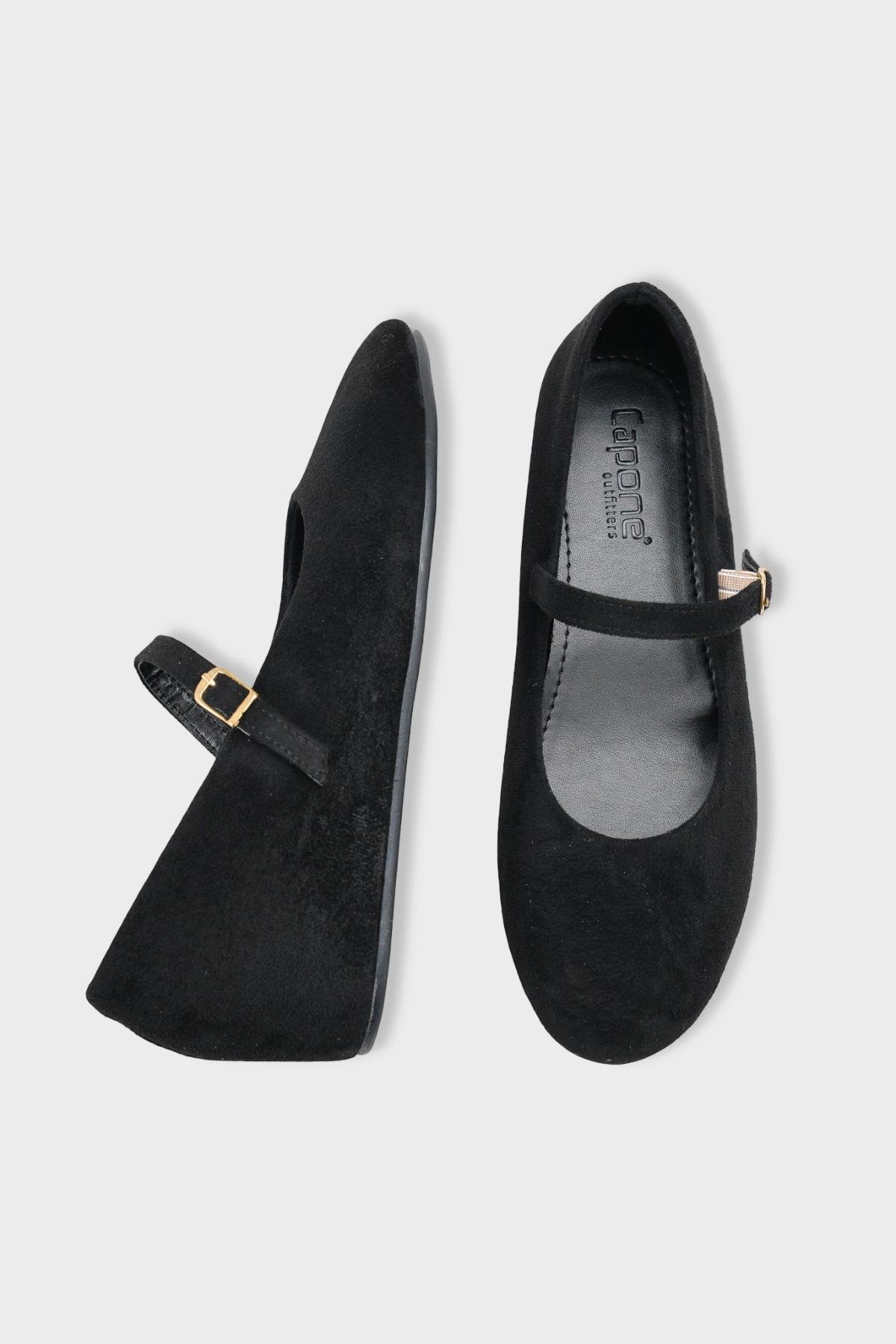 Capone Joell  Suede Look Hidden Wedge Metal Buckle Women Sued Black Ballet Flat