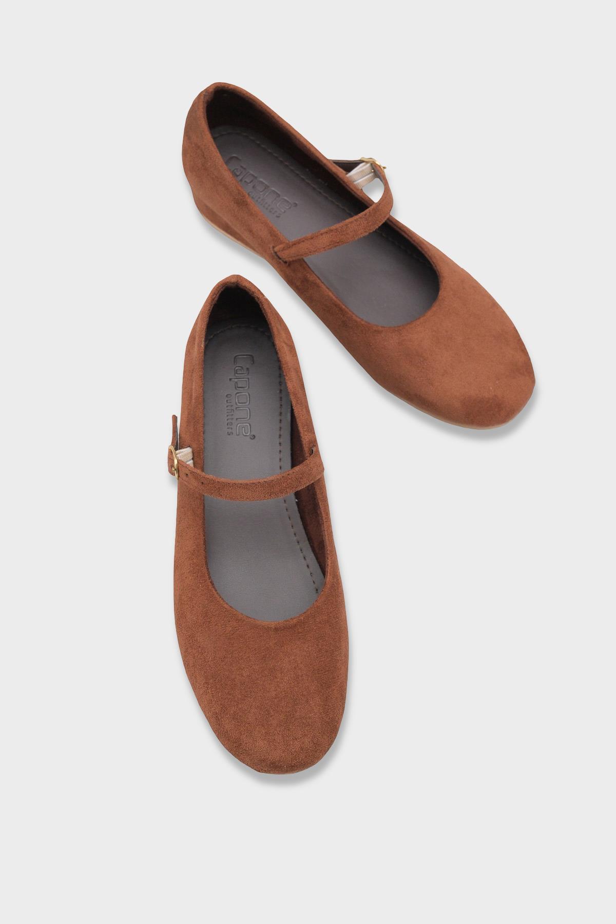 Capone Joell  Suede Look Hidden Wedge Metal Buckle Women Sued Brown Ballet Flat