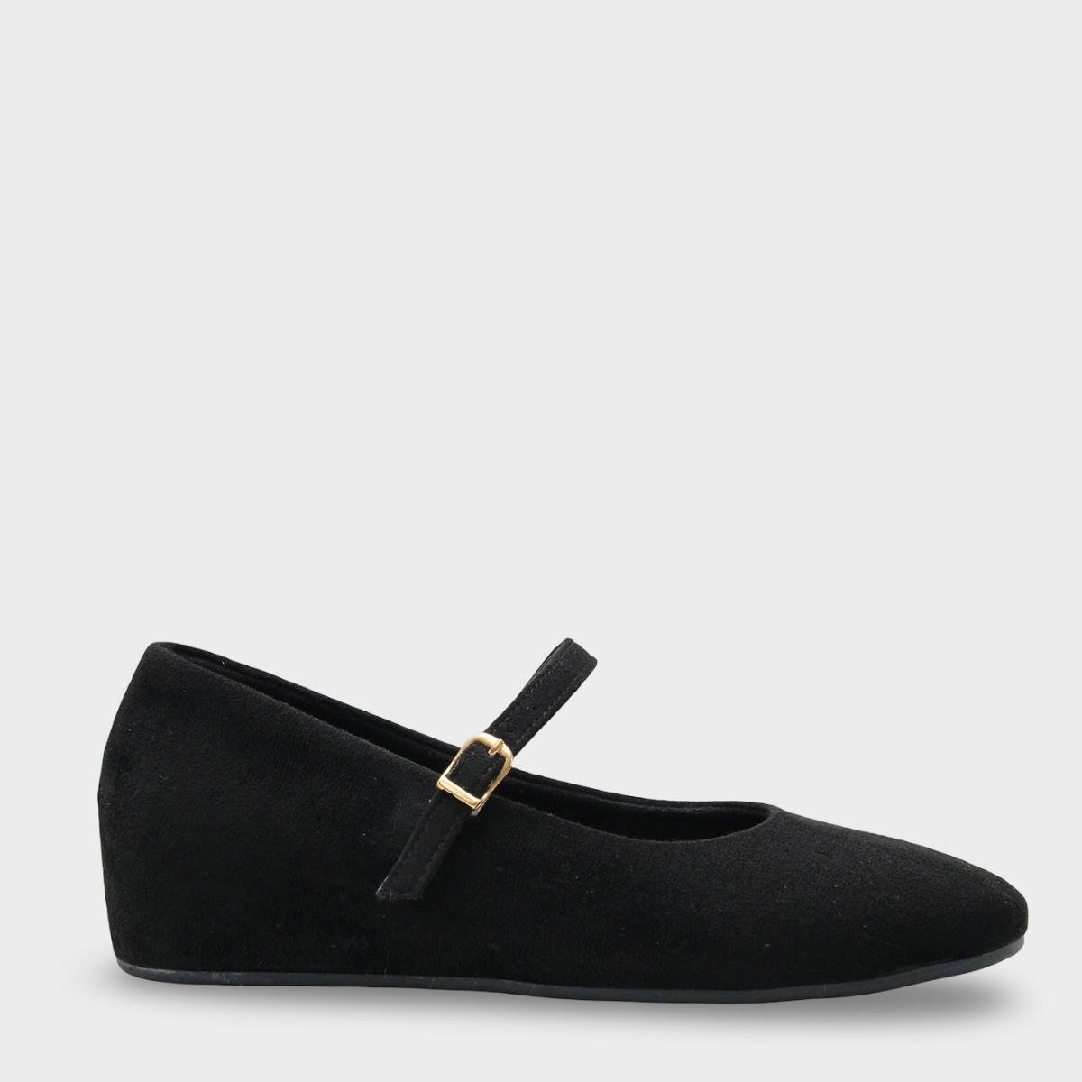 Capone Joell  Suede Look Hidden Wedge Metal Buckle Women Sued Black Ballet Flat
