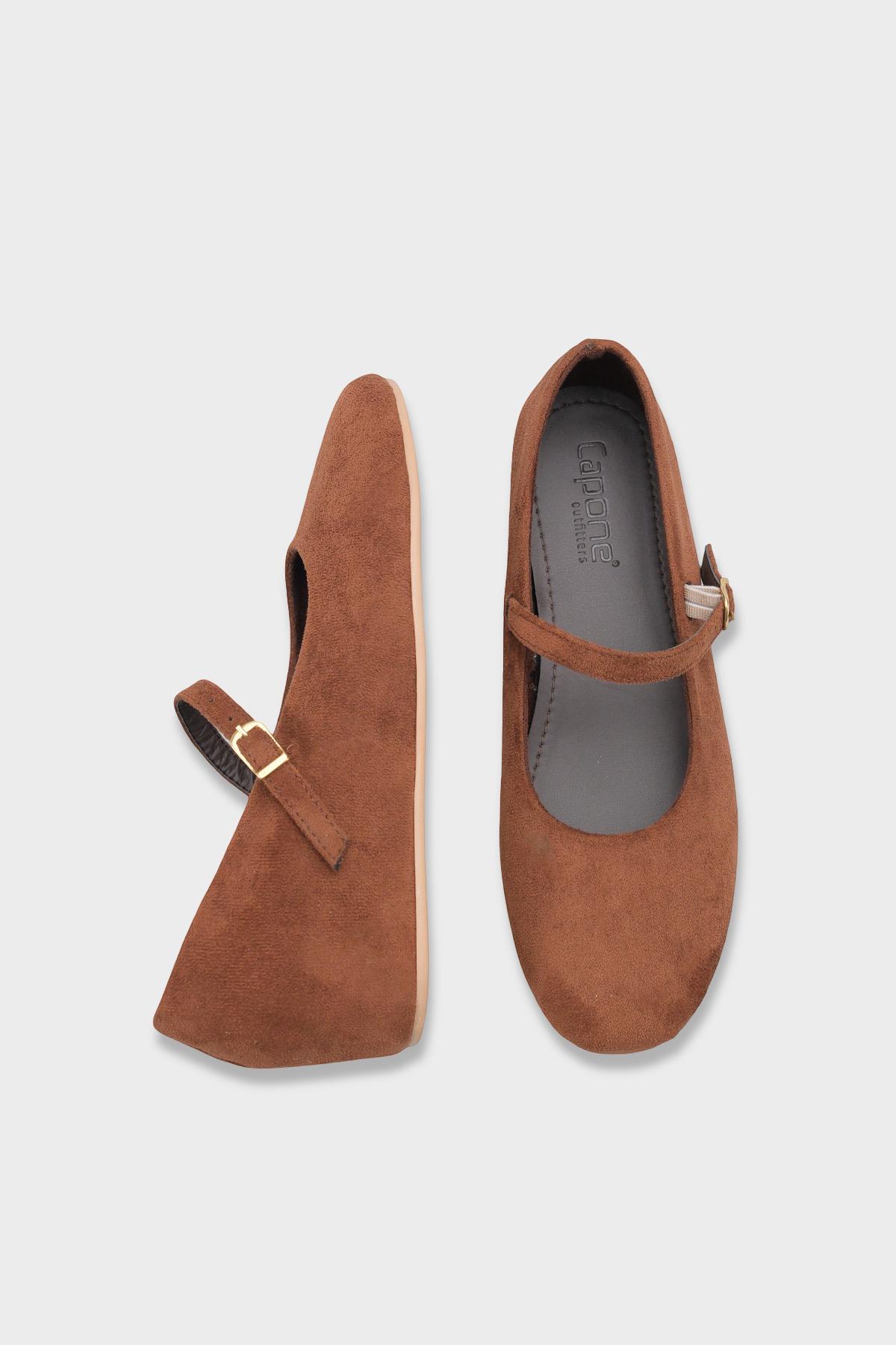 Capone Joell  Suede Look Hidden Wedge Metal Buckle Women Sued Brown Ballet Flat