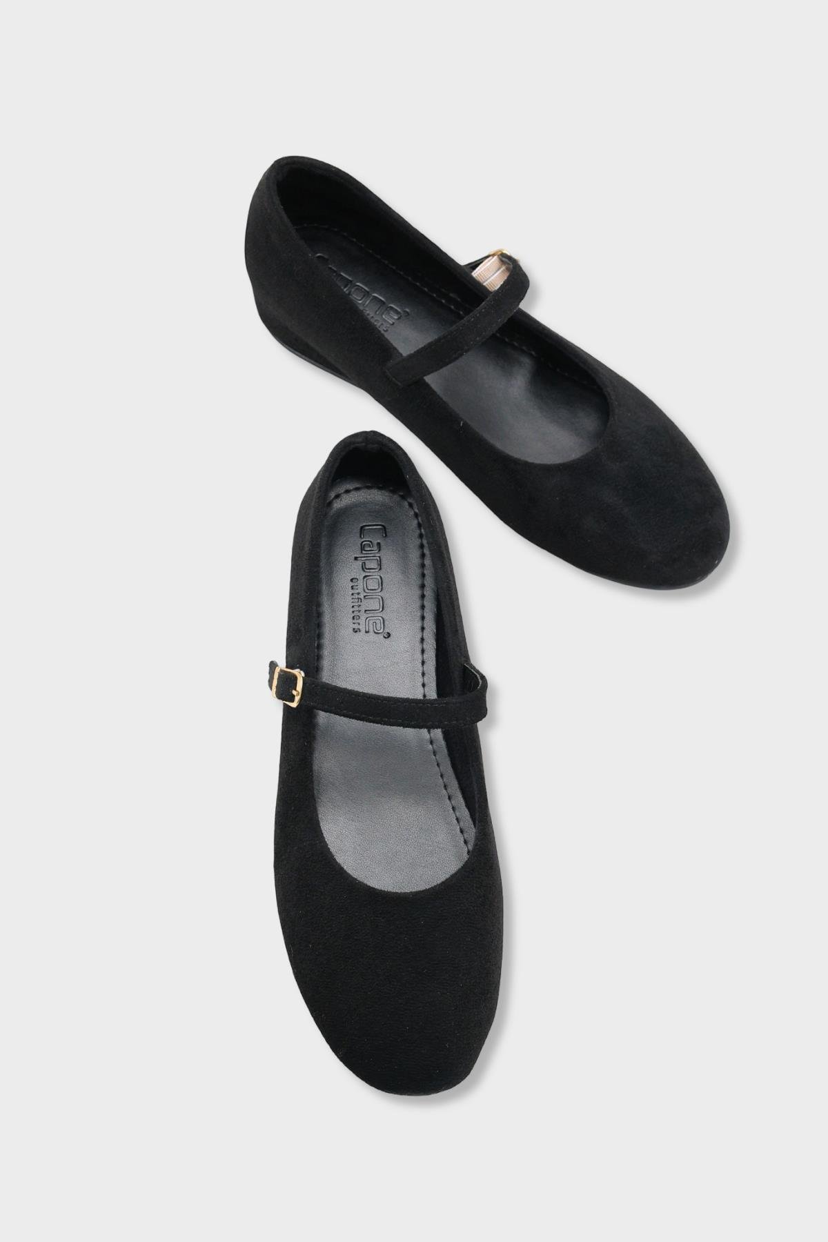 Capone Joell  Suede Look Hidden Wedge Metal Buckle Women Sued Black Ballet Flat