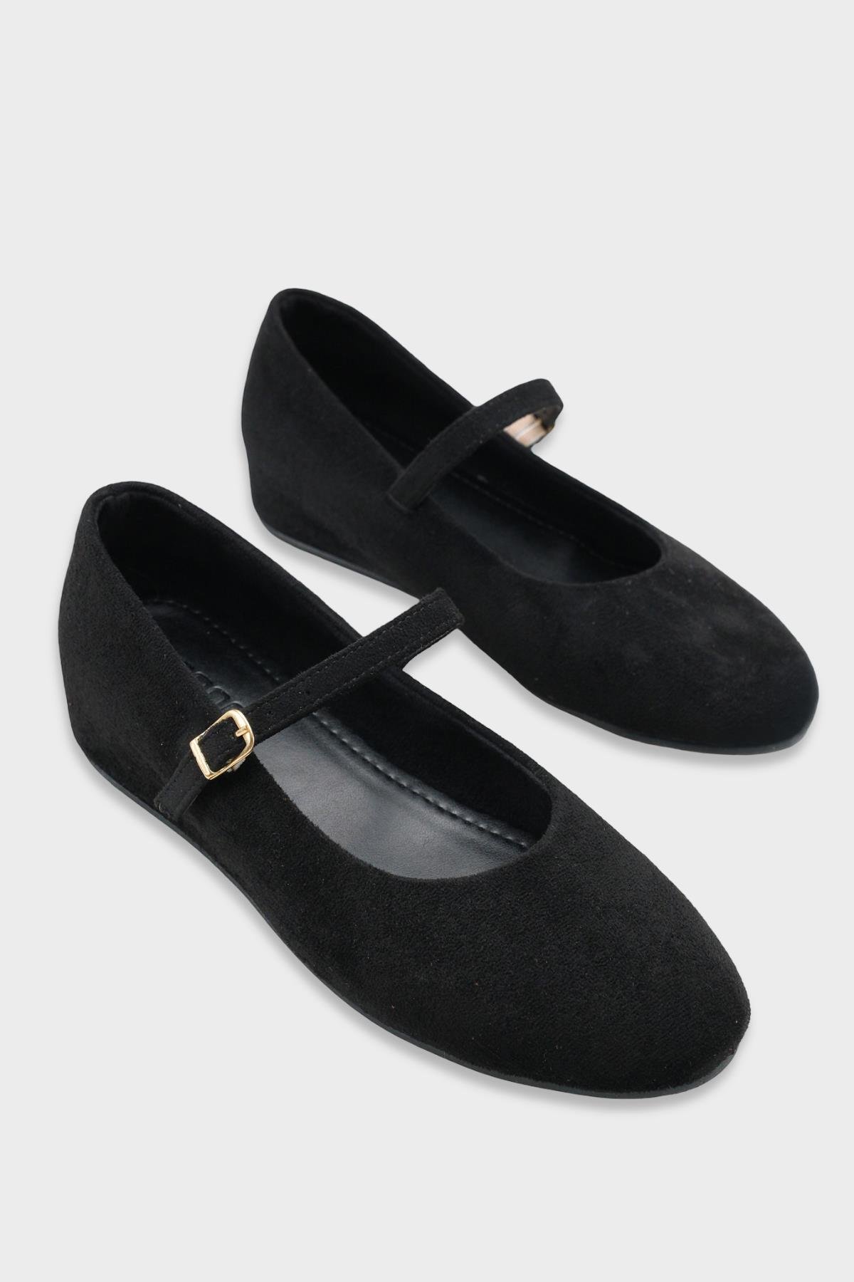 Capone Joell  Suede Look Hidden Wedge Metal Buckle Women Sued Black Ballet Flat