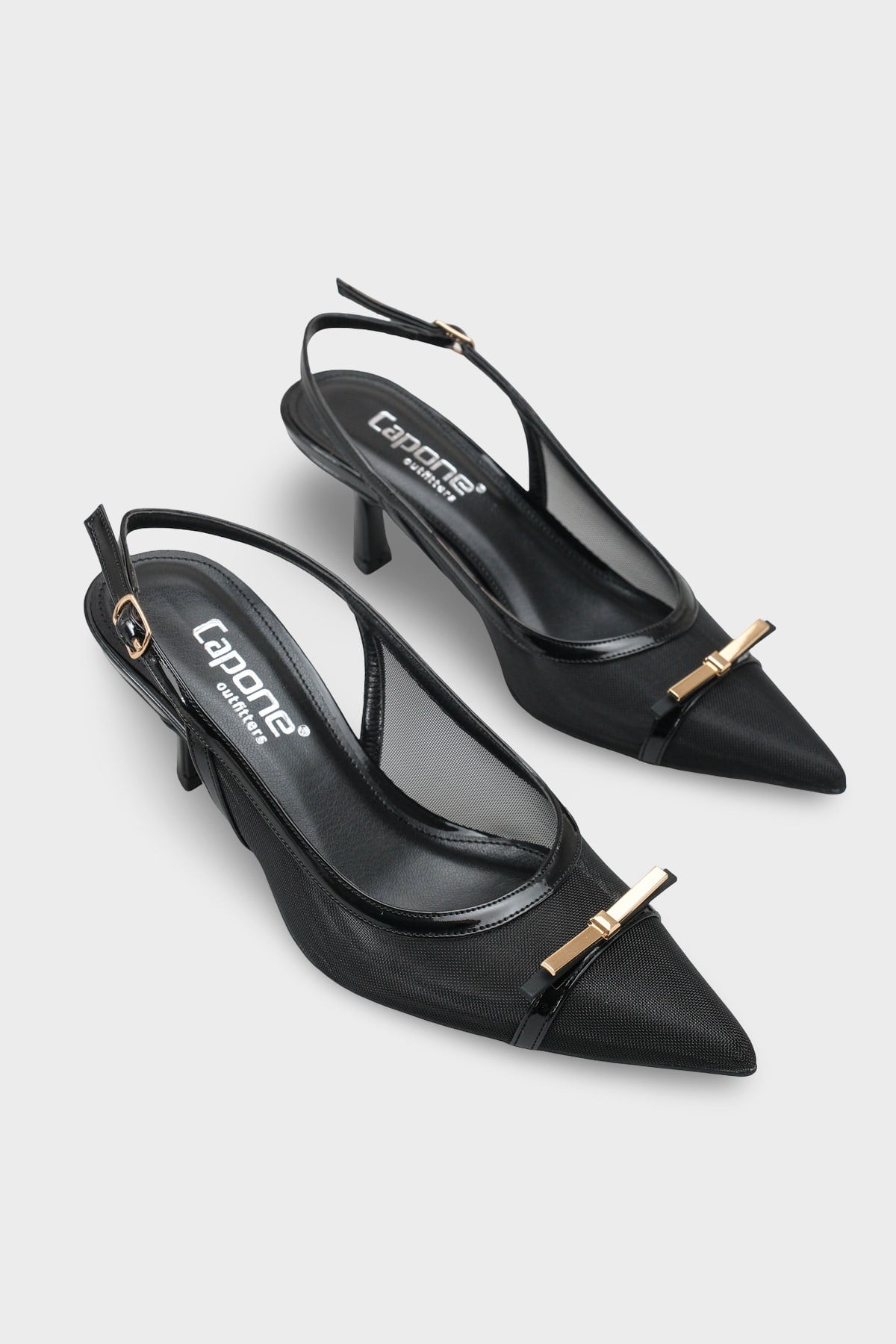 Capone Joya Mesh Pointed Toe Open Back Mid Heel Women Black Shoe
