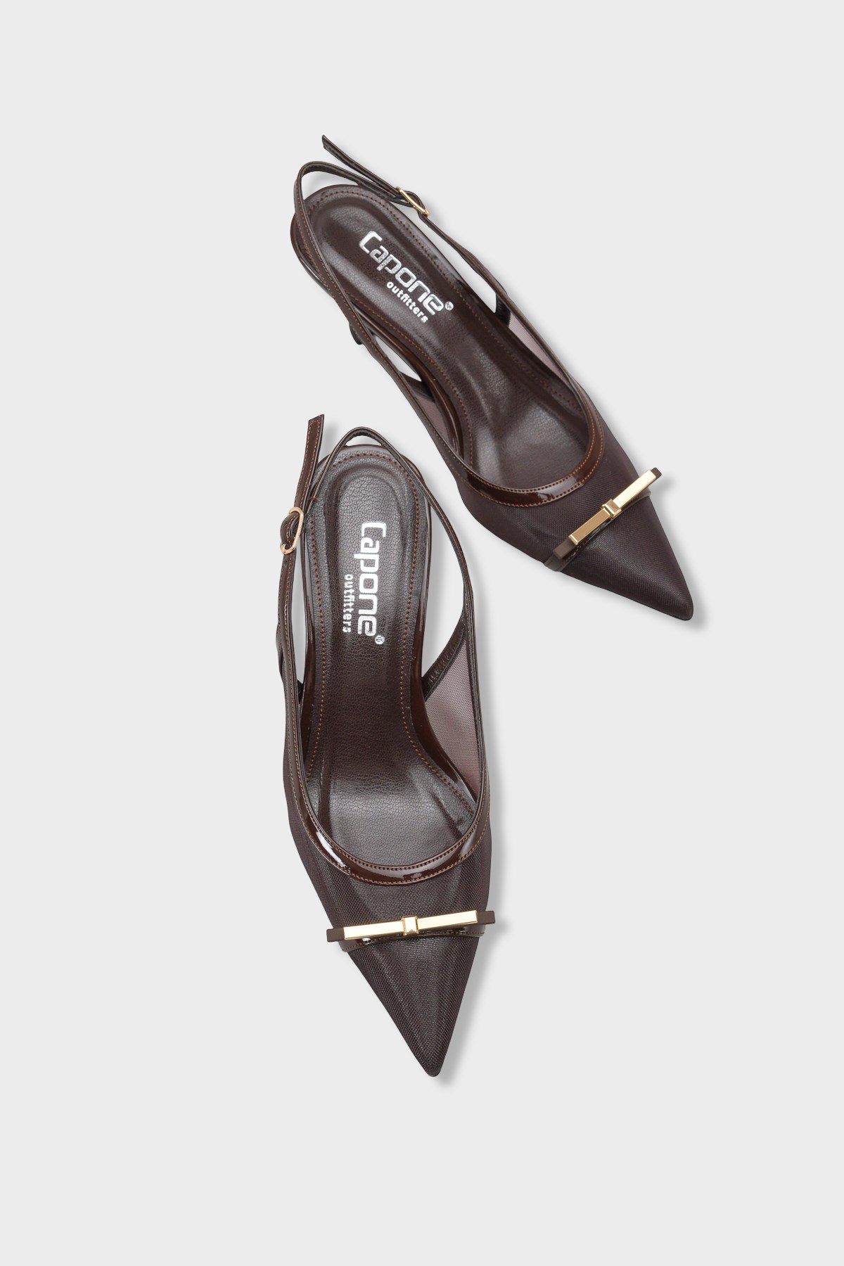 Capone Joya Mesh Pointed Toe Open Back Mid Heel Women Brown Shoe