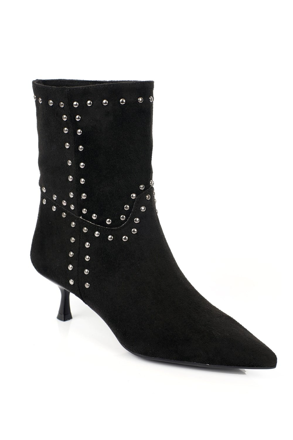 Capone Juliana Stud Detail Pull-On Pointed Toe Heeled Casual Suede Look Women Sued Black Ankle Boot