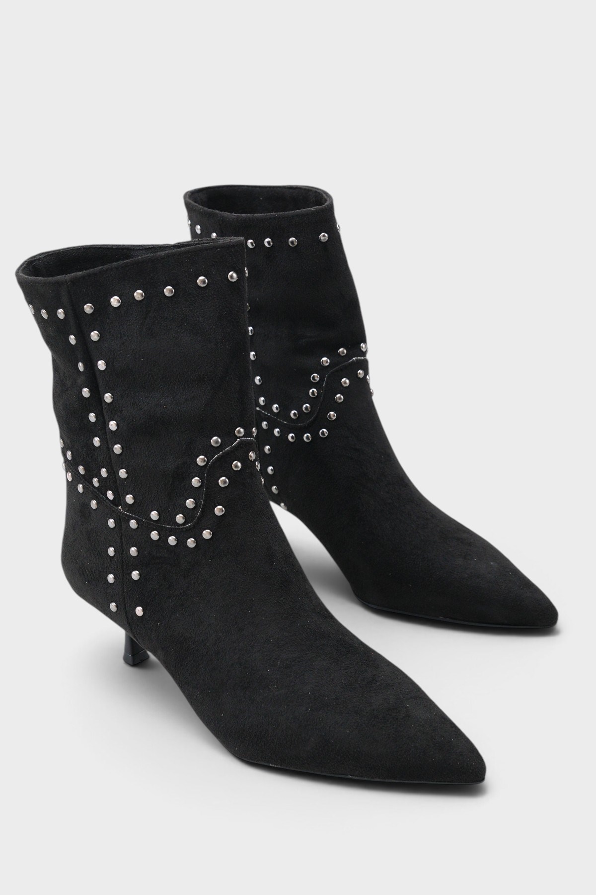 Capone Juliana Stud Detail Pull-On Pointed Toe Heeled Casual Suede Look Women Sued Black Ankle Boot
