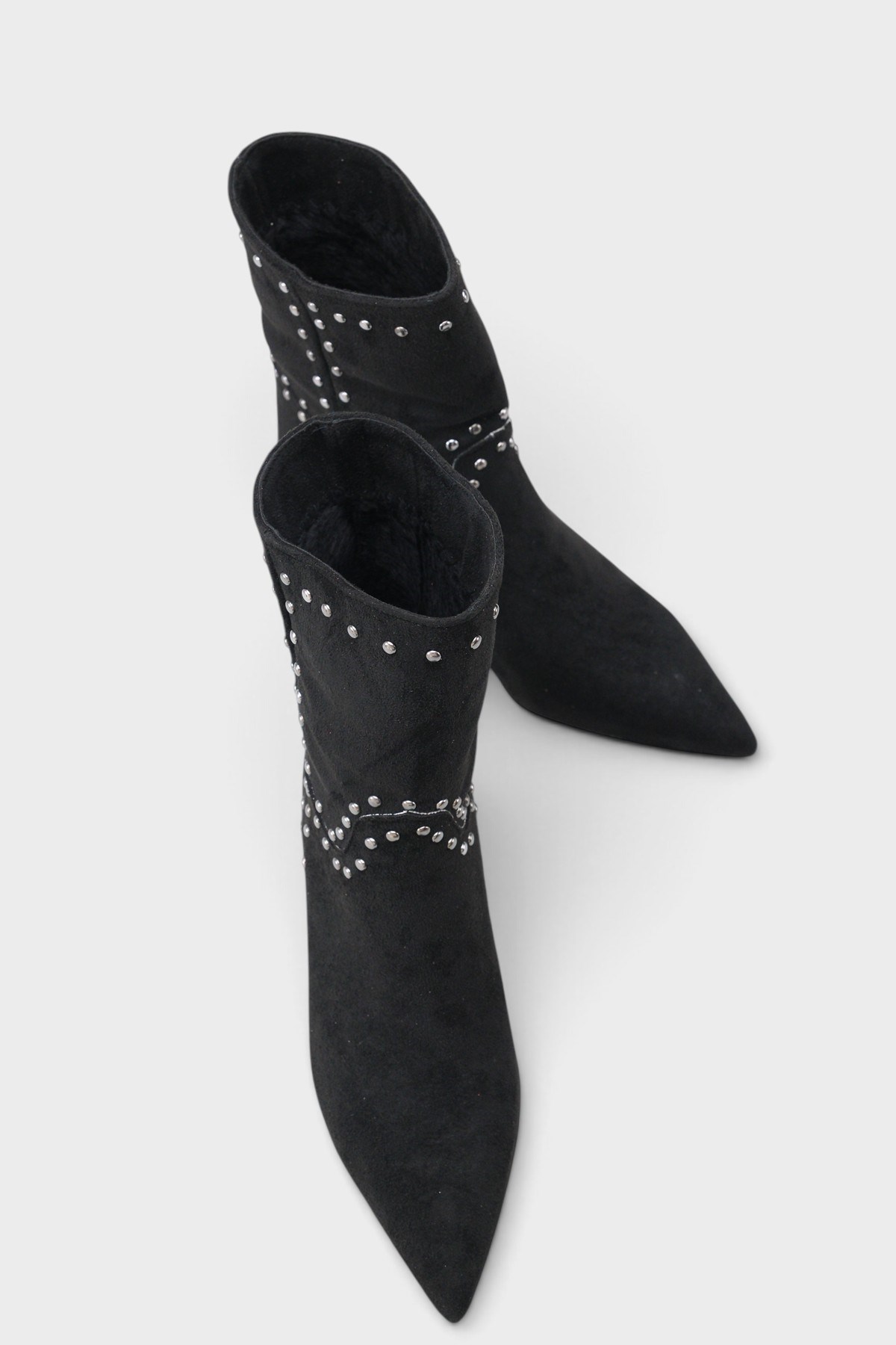 Capone Juliana Stud Detail Pull-On Pointed Toe Heeled Casual Suede Look Women Sued Black Ankle Boot