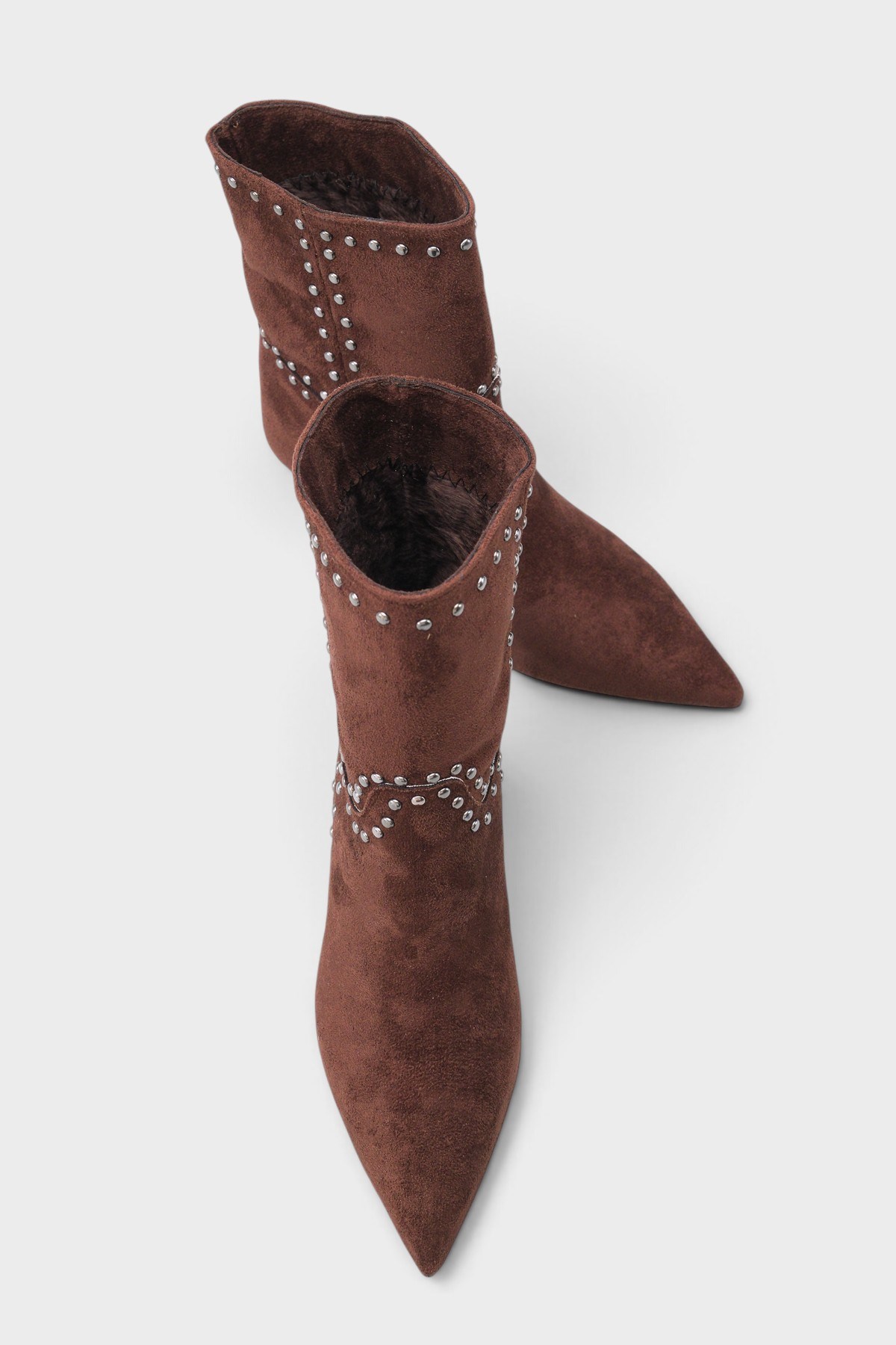Capone Juliana Stud Detail Pull-On Pointed Toe Heeled Casual Suede Look Women Sued Brown Ankle Boot